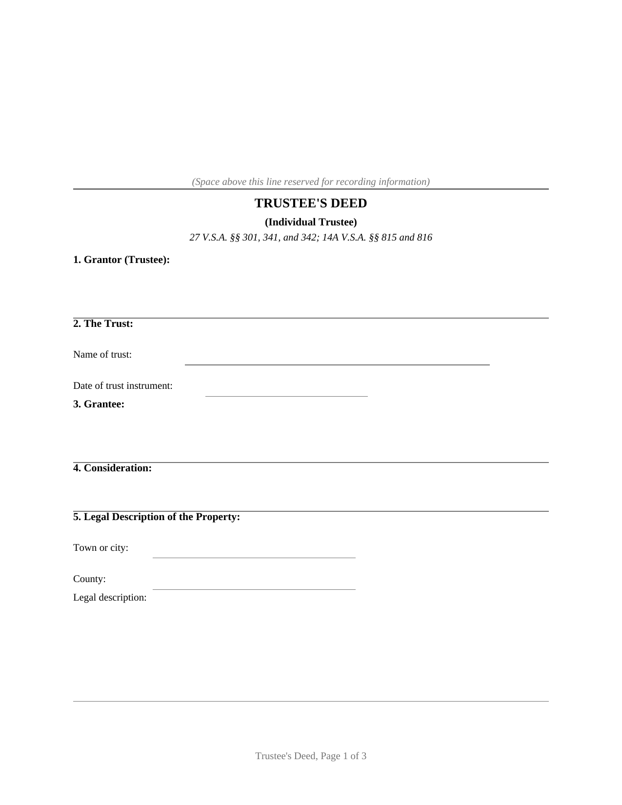 Vermont Trustees Deed (Individual)