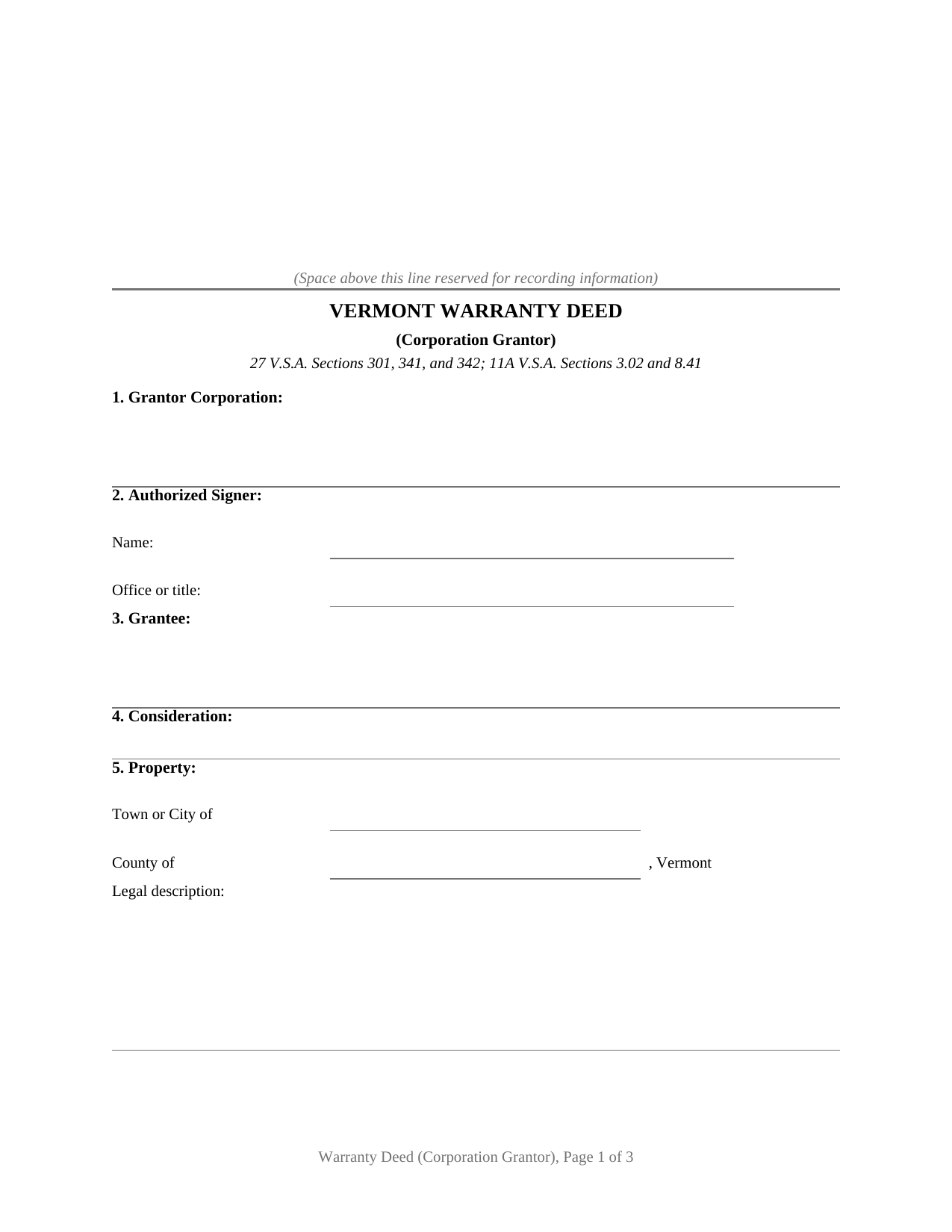 Vermont Warranty Deed (Corporation Grantor)