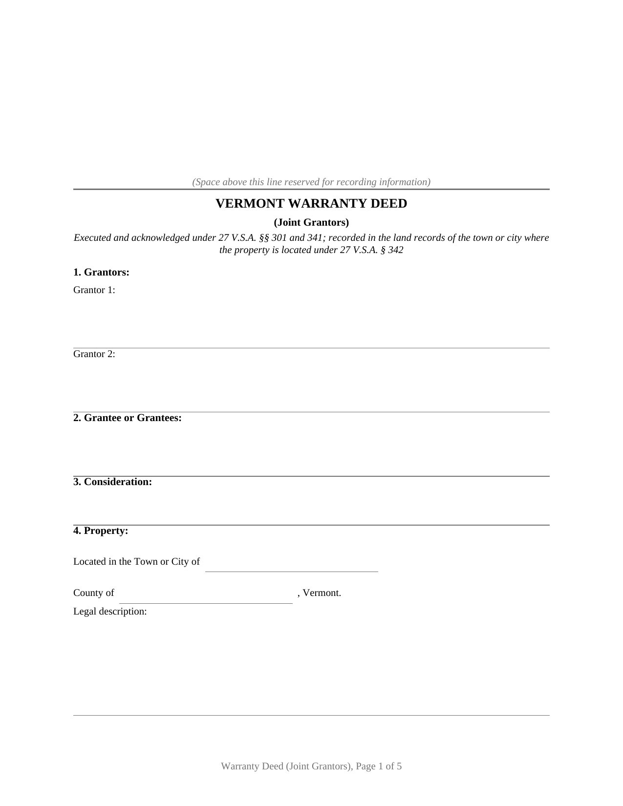 Vermont Warranty Deed (Joint Grantors)