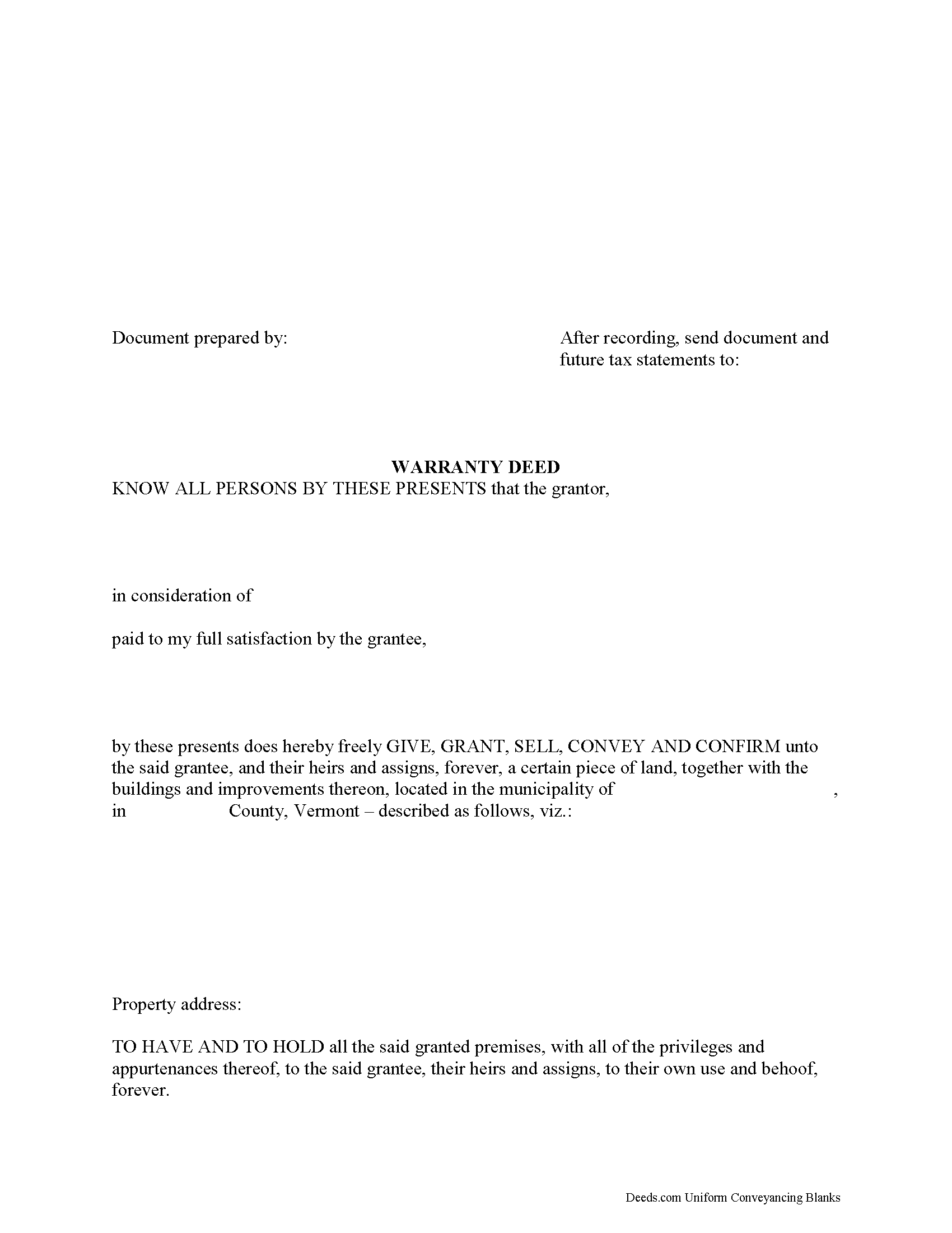 Vermont Warranty Deed Image