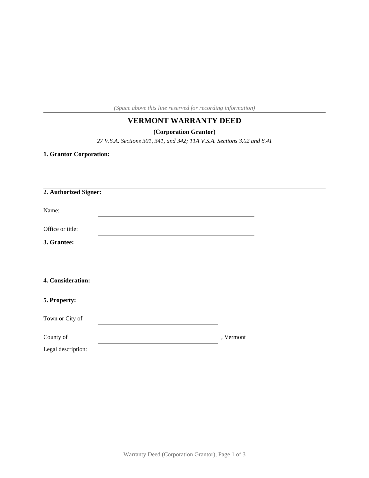Caledonia County Warranty Deed (Corporation Grantor) Form