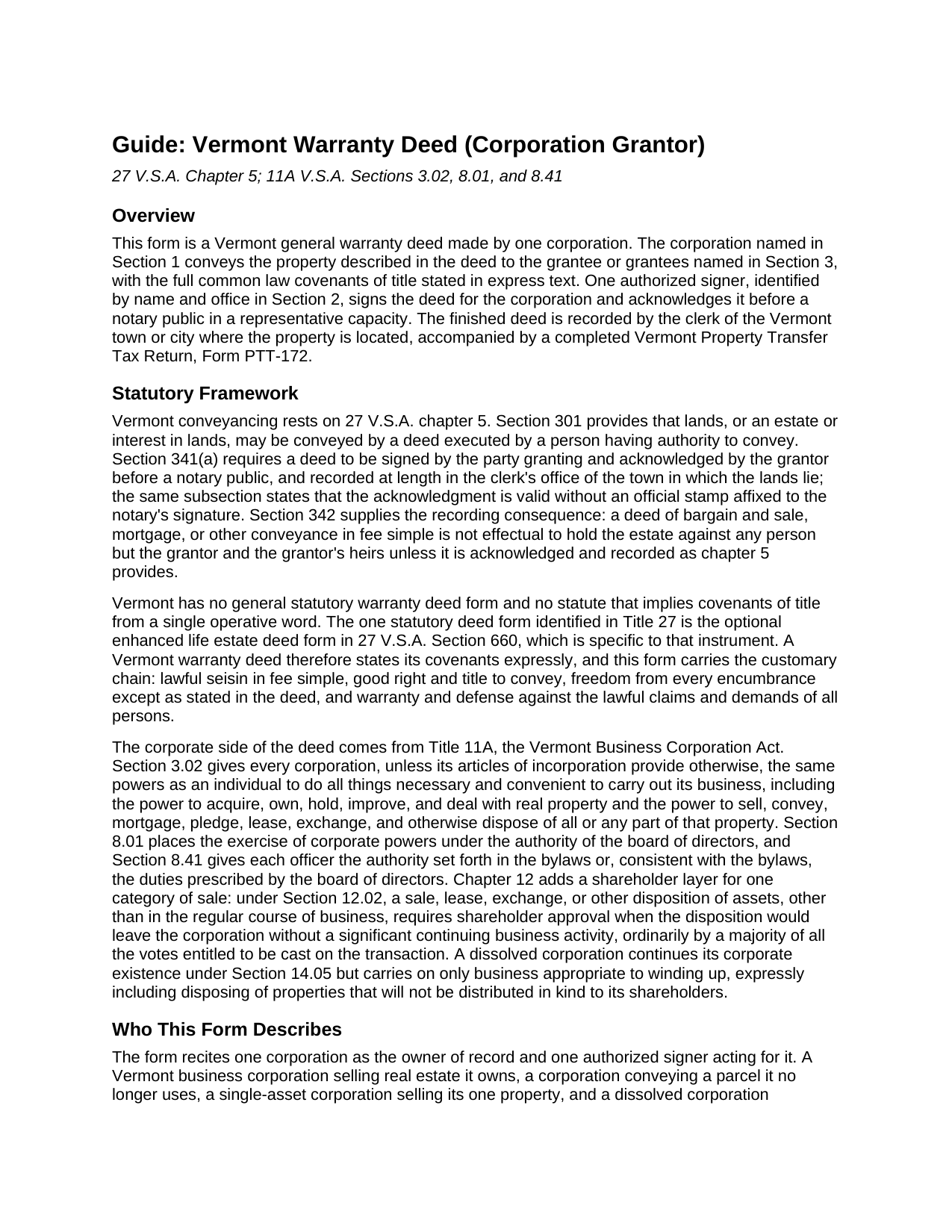 Caledonia County Warranty Deed (Corporation Grantor) Guide