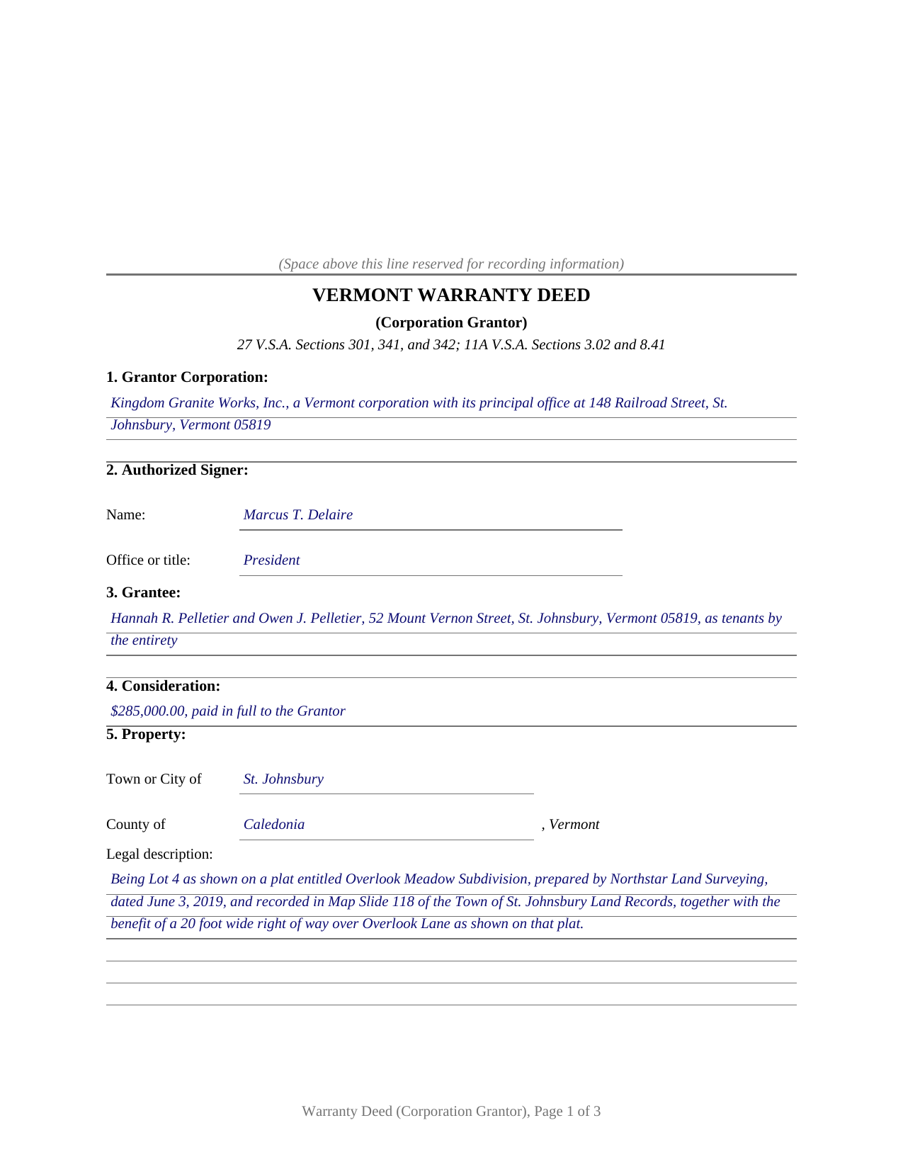 Caledonia County Completed Example of the Warranty Deed (Corporation Grantor) Document