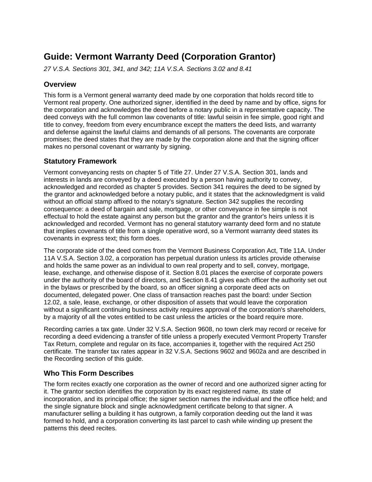 Caledonia County Warranty Deed (Corporation Grantor) Guide
