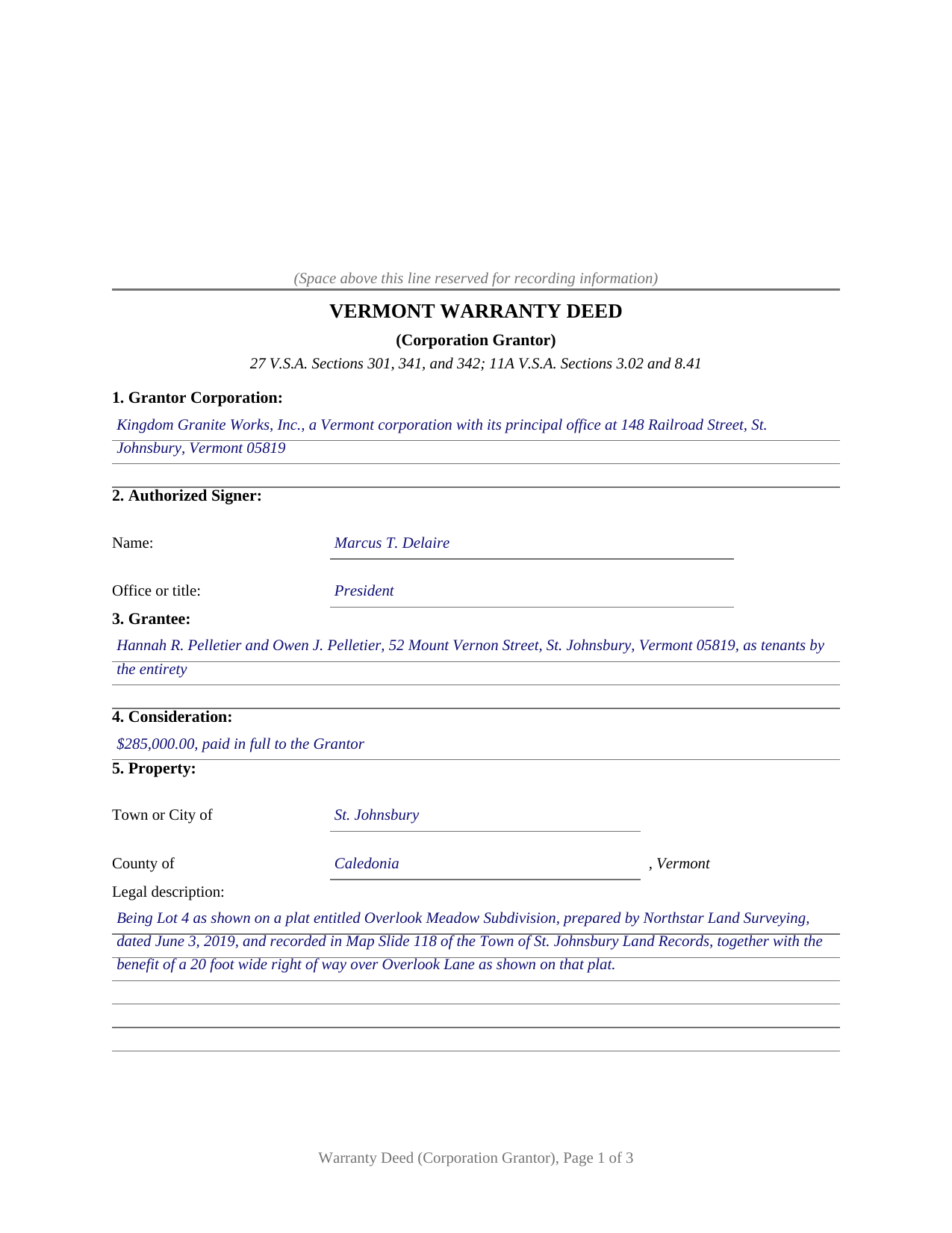 Caledonia County Completed Example of the Warranty Deed (Corporation Grantor) Document