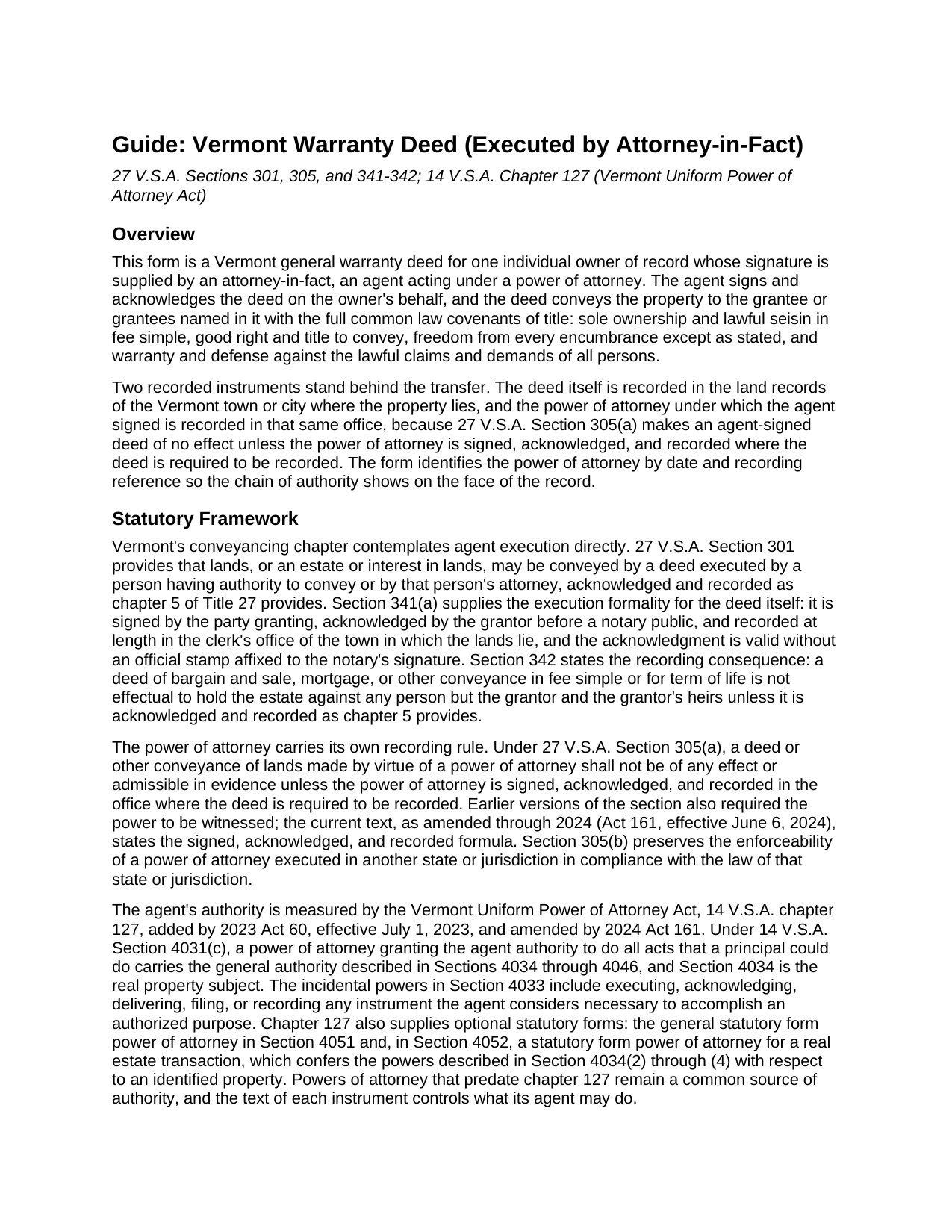 Caledonia County Warranty Deed (Executed by Attorney-in-Fact) Guide
