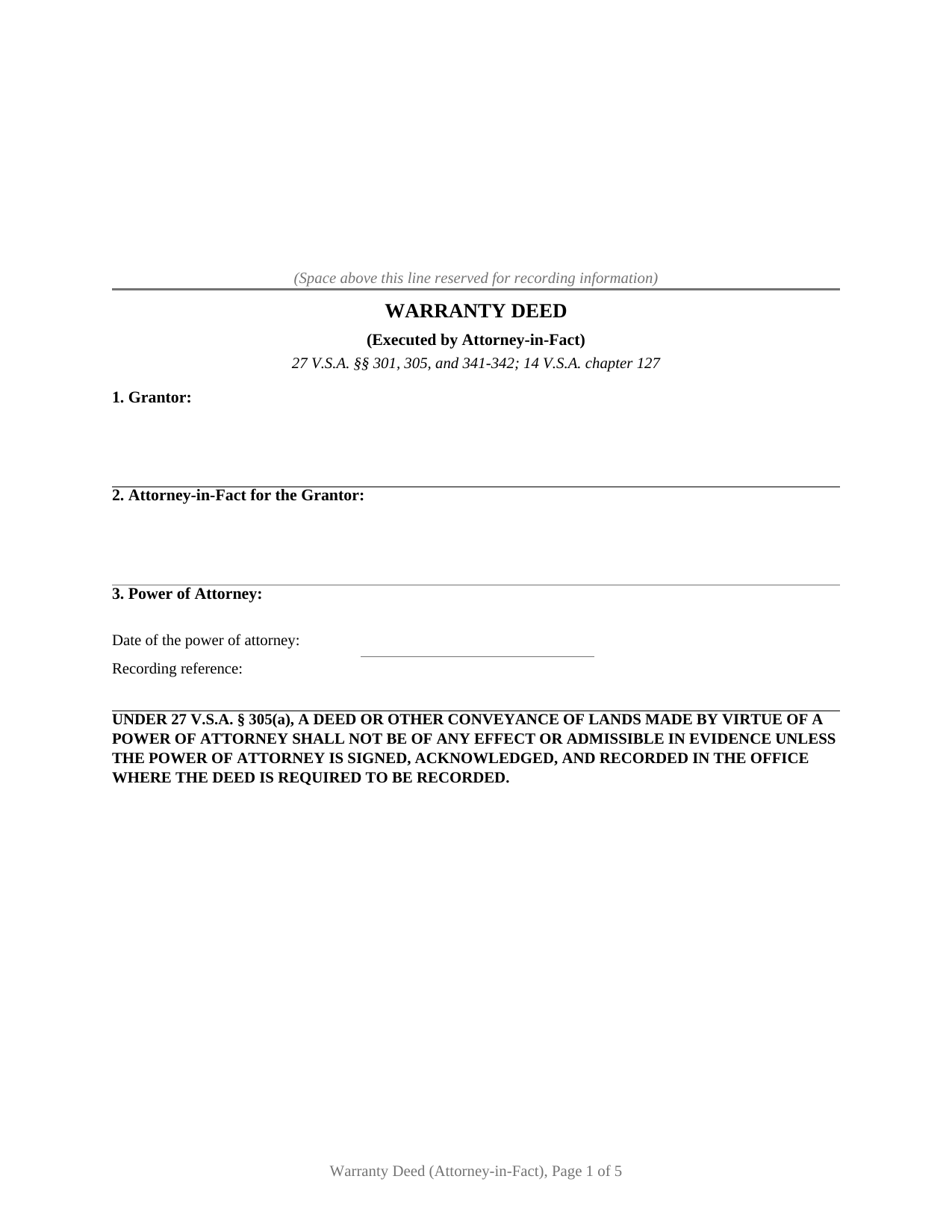 Caledonia County Warranty Deed (Executed by Attorney-in-Fact) Form