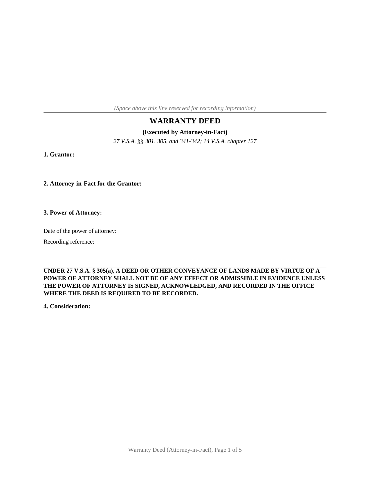 Essex County Warranty Deed (Executed by Attorney-in-Fact) Form