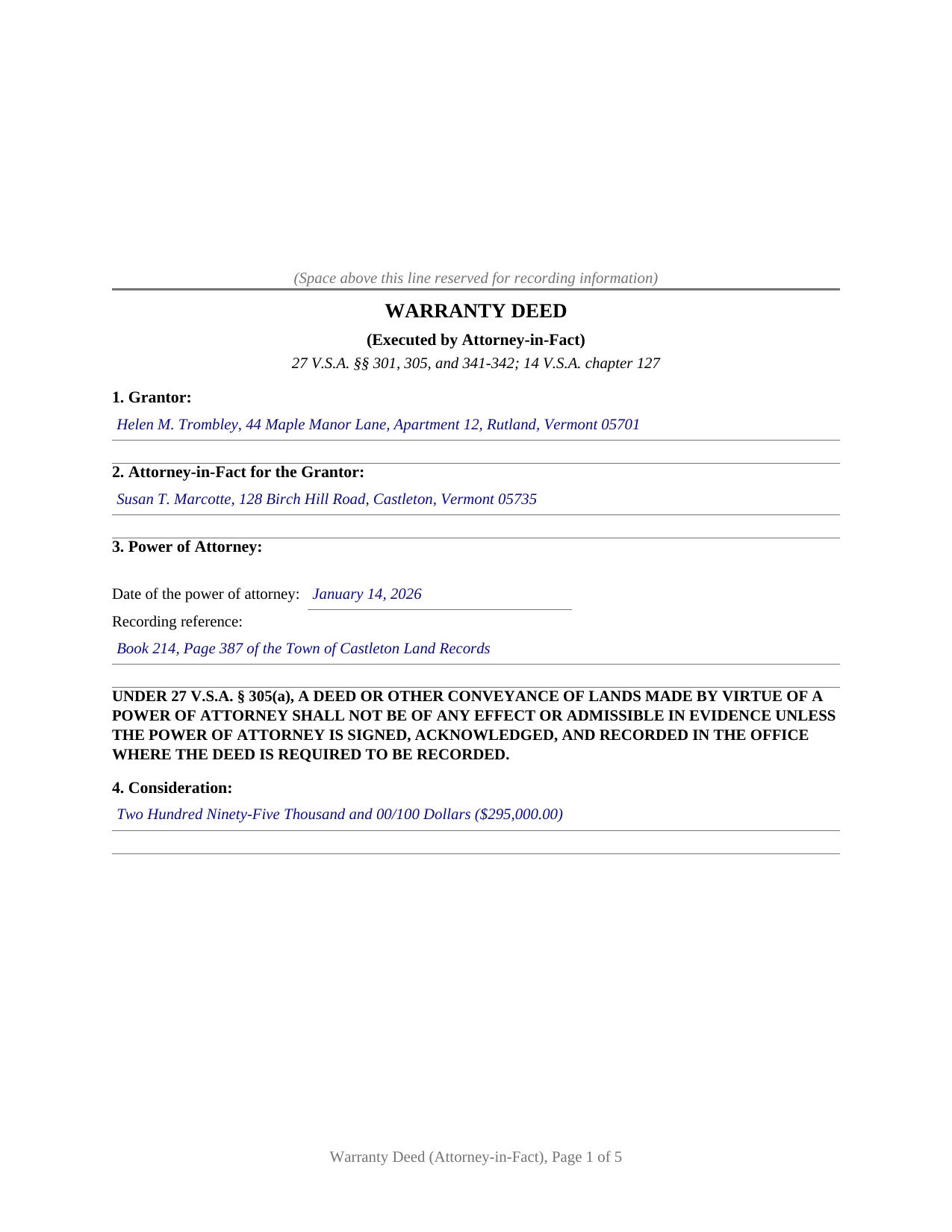 Essex County Completed Example of the Warranty Deed (Executed by Attorney-in-Fact) Document