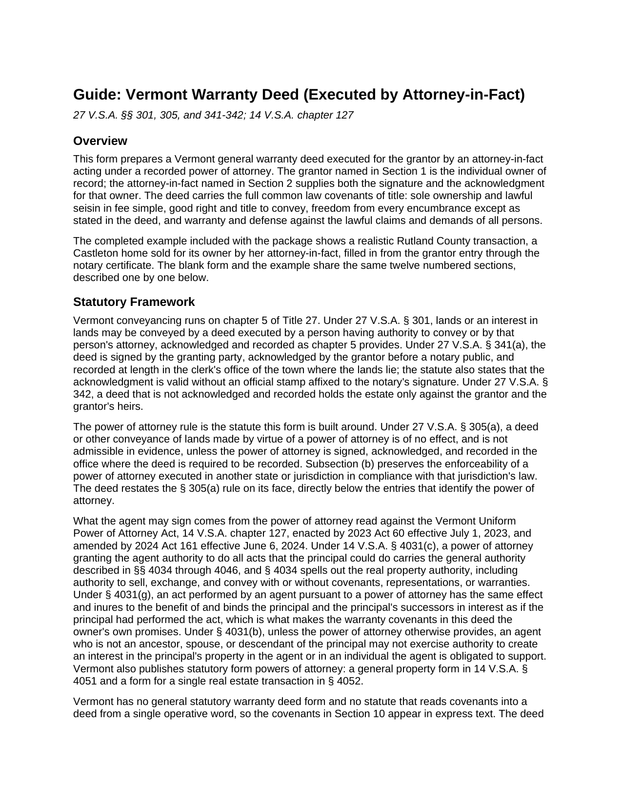Essex County Warranty Deed (Executed by Attorney-in-Fact) Guide