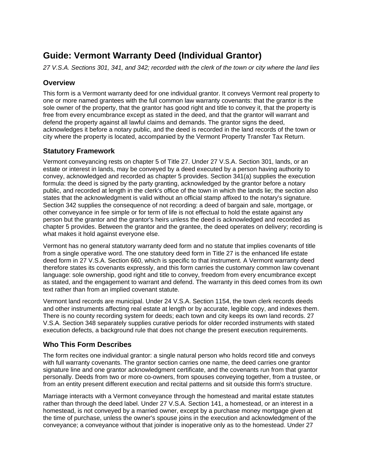 Caledonia County Warranty Deed (Individual Grantor) Guide