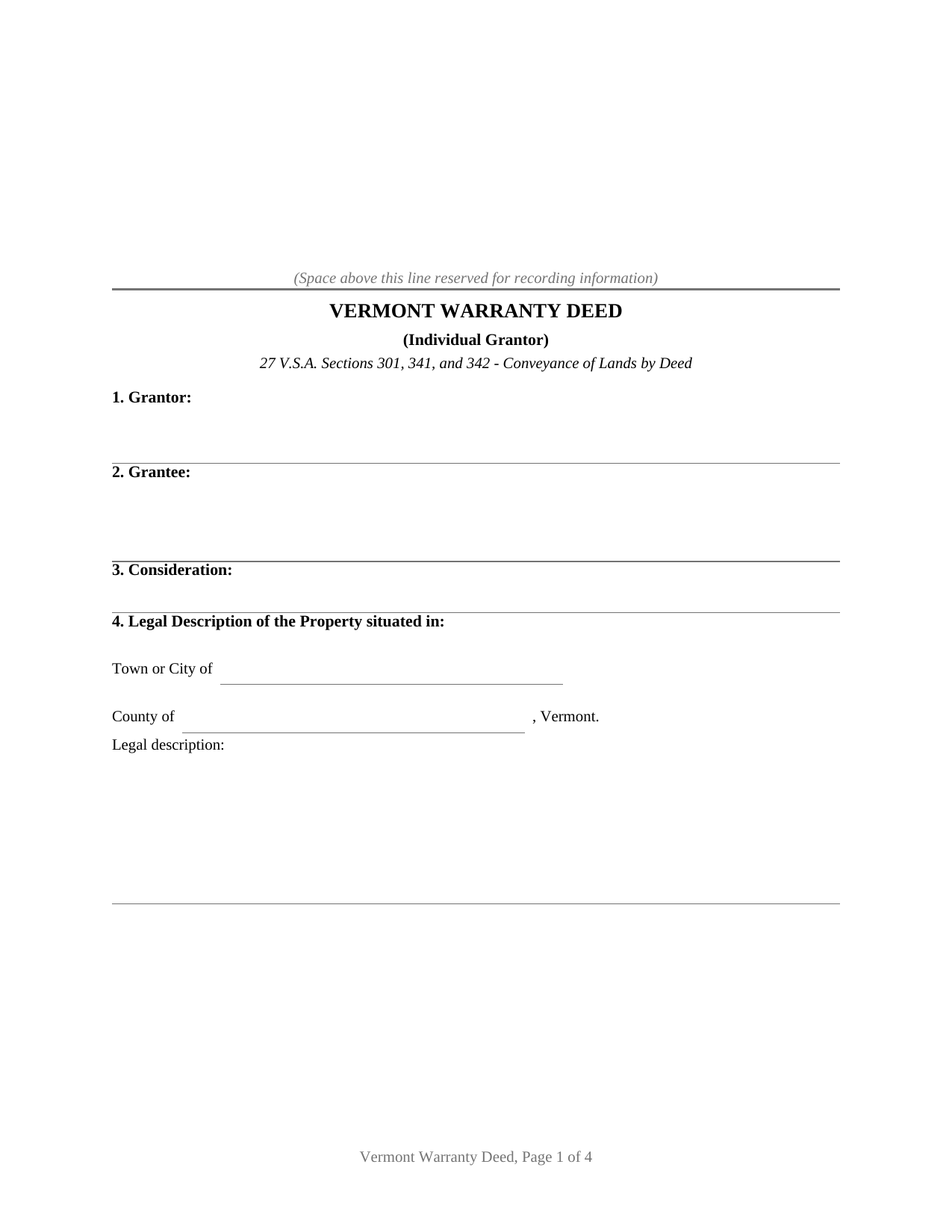 Caledonia County Warranty Deed (Individual Grantor) Form