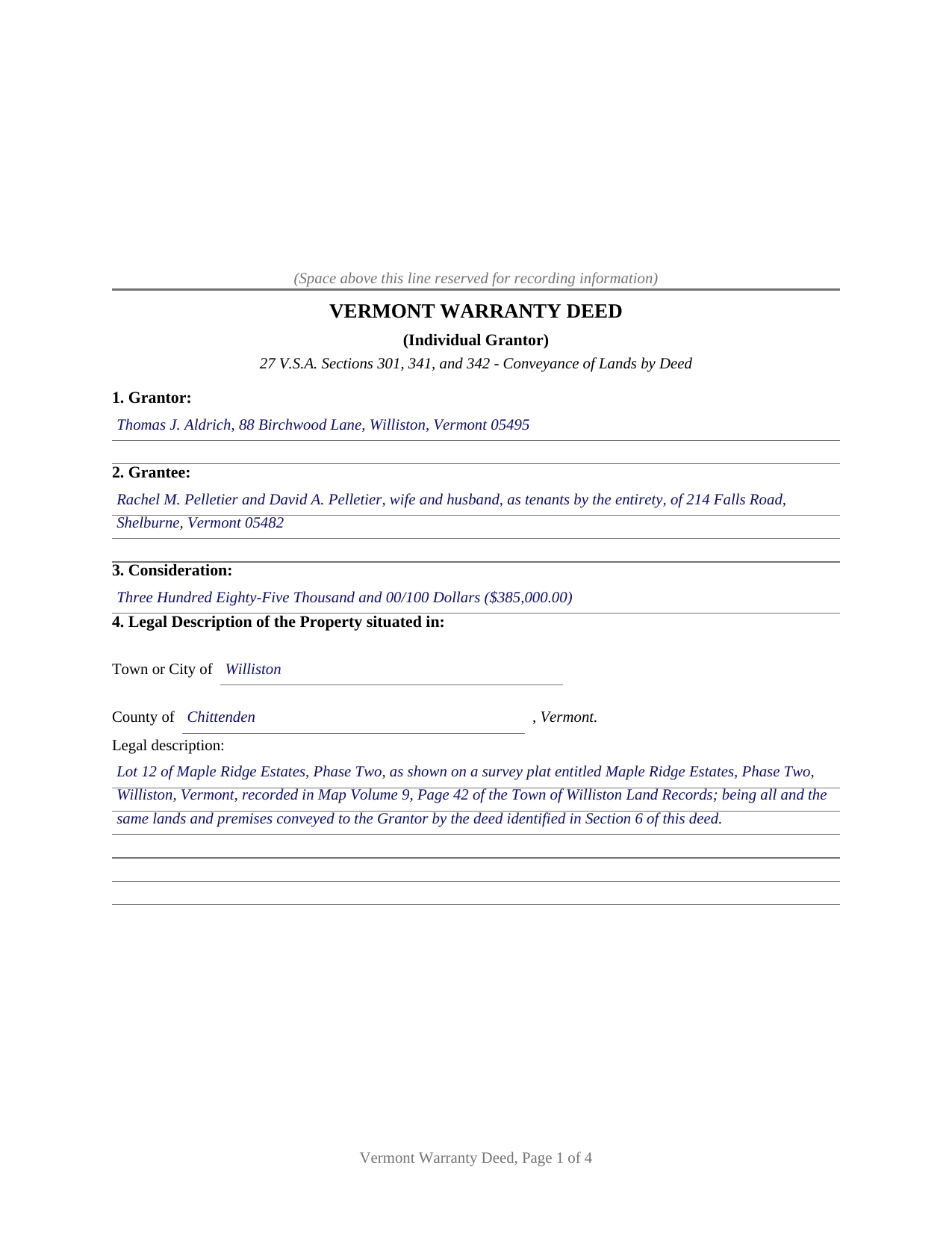 Caledonia County Completed Example of the Warranty Deed (Individual Grantor) Document