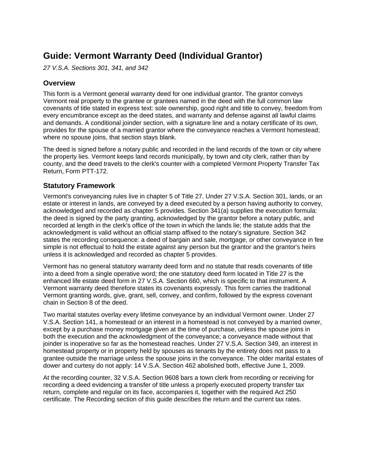 Caledonia County Warranty Deed (Individual Grantor) Guide