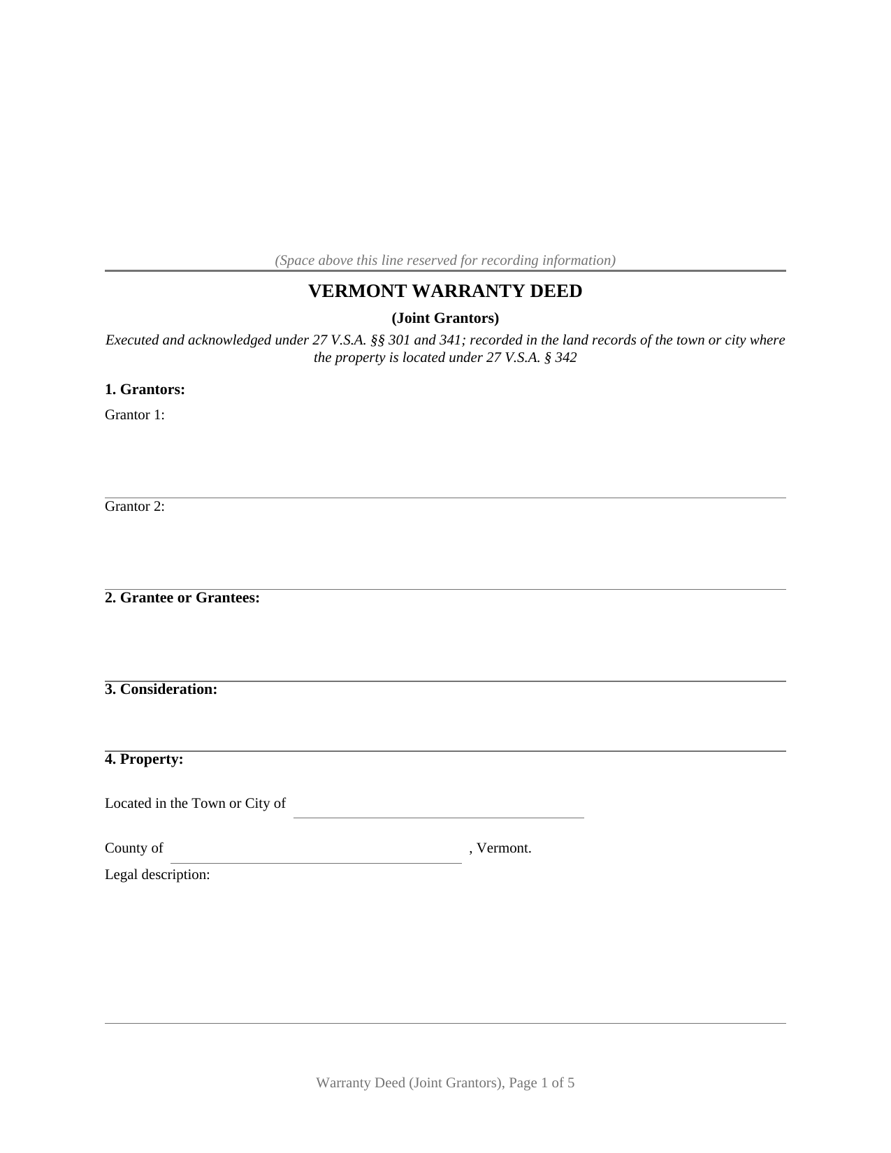 Addison County Warranty Deed (Joint Grantors) Form