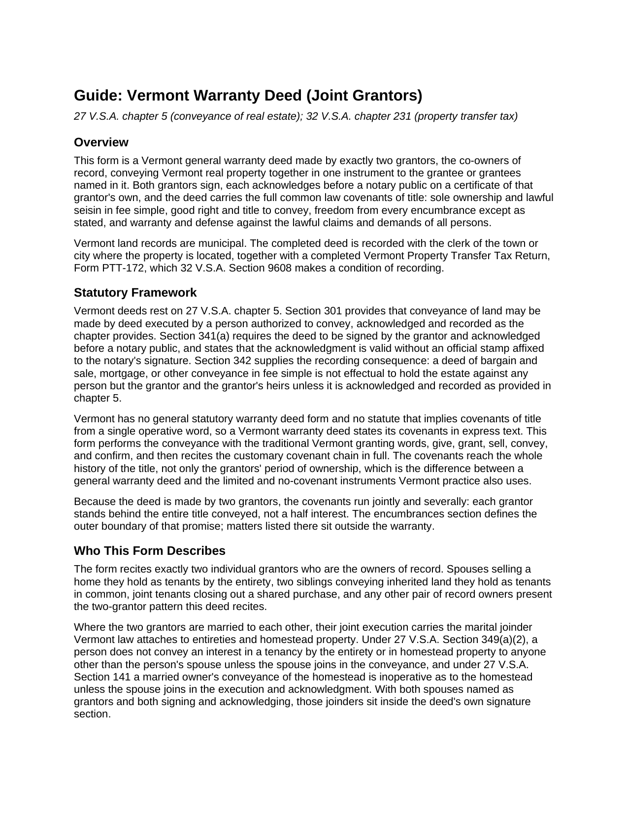 Addison County Warranty Deed (Joint Grantors) Guide