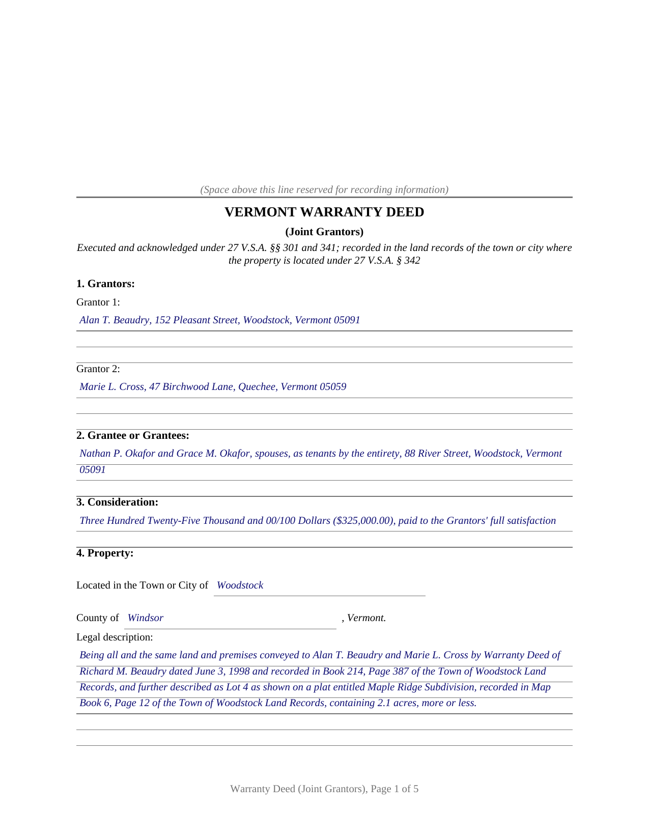 Addison County Completed Example of the Warranty Deed (Joint Grantors) Document
