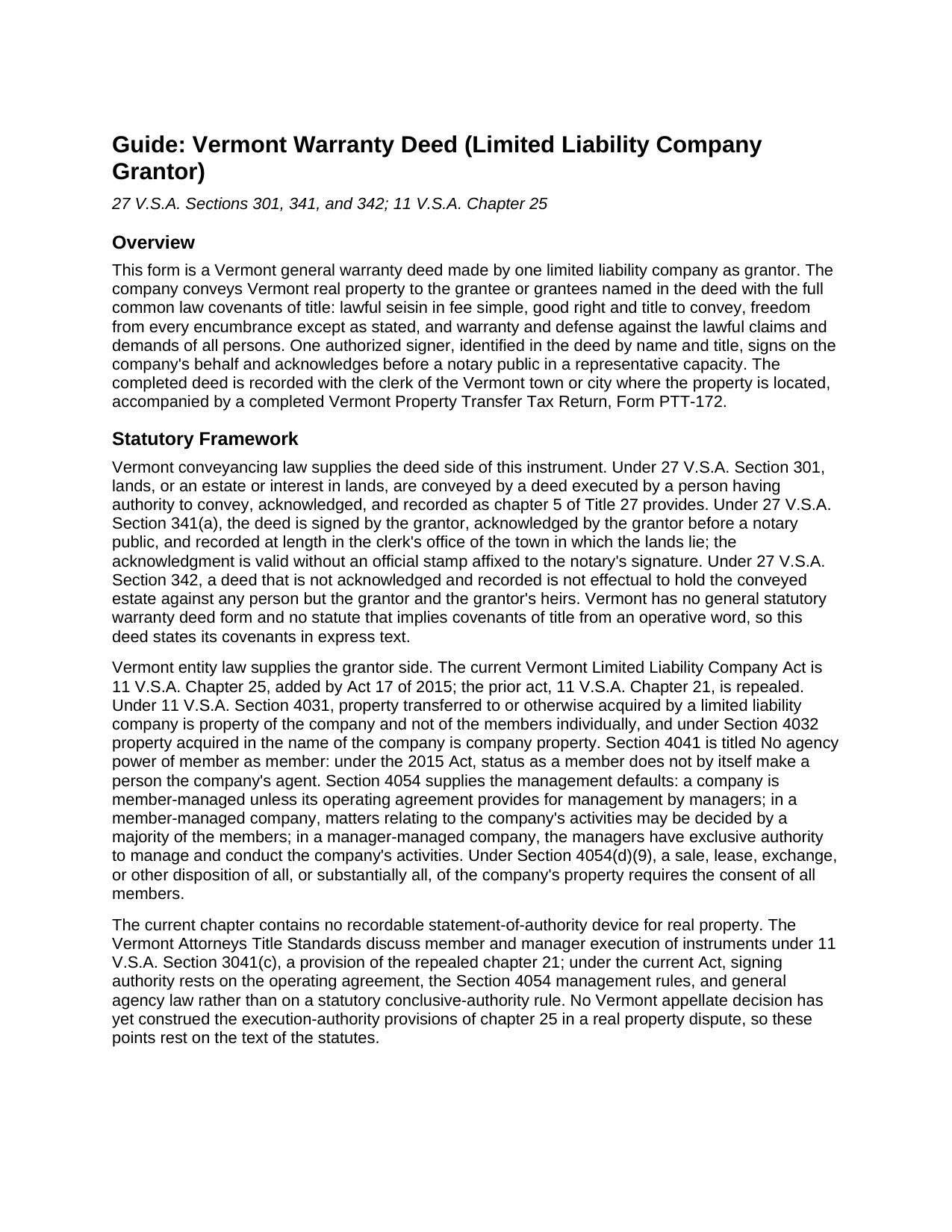 Caledonia County Warranty Deed (LLC Grantor) Guide