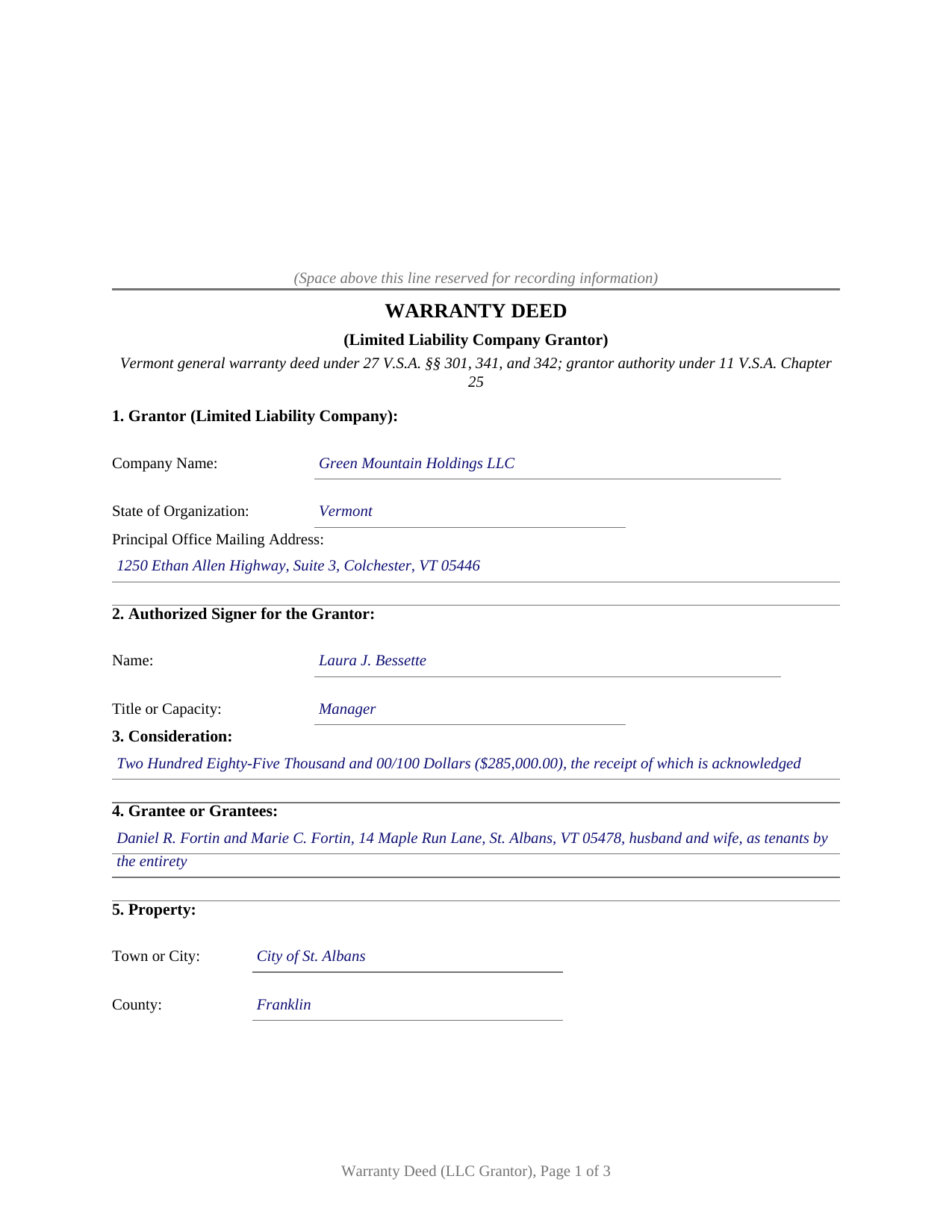 Caledonia County Completed Example of the Warranty Deed (LLC Grantor) Document