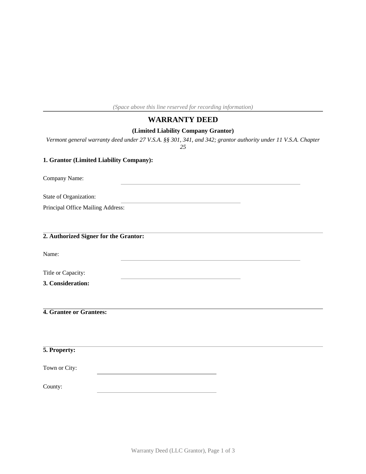 Caledonia County Warranty Deed (LLC Grantor) Form