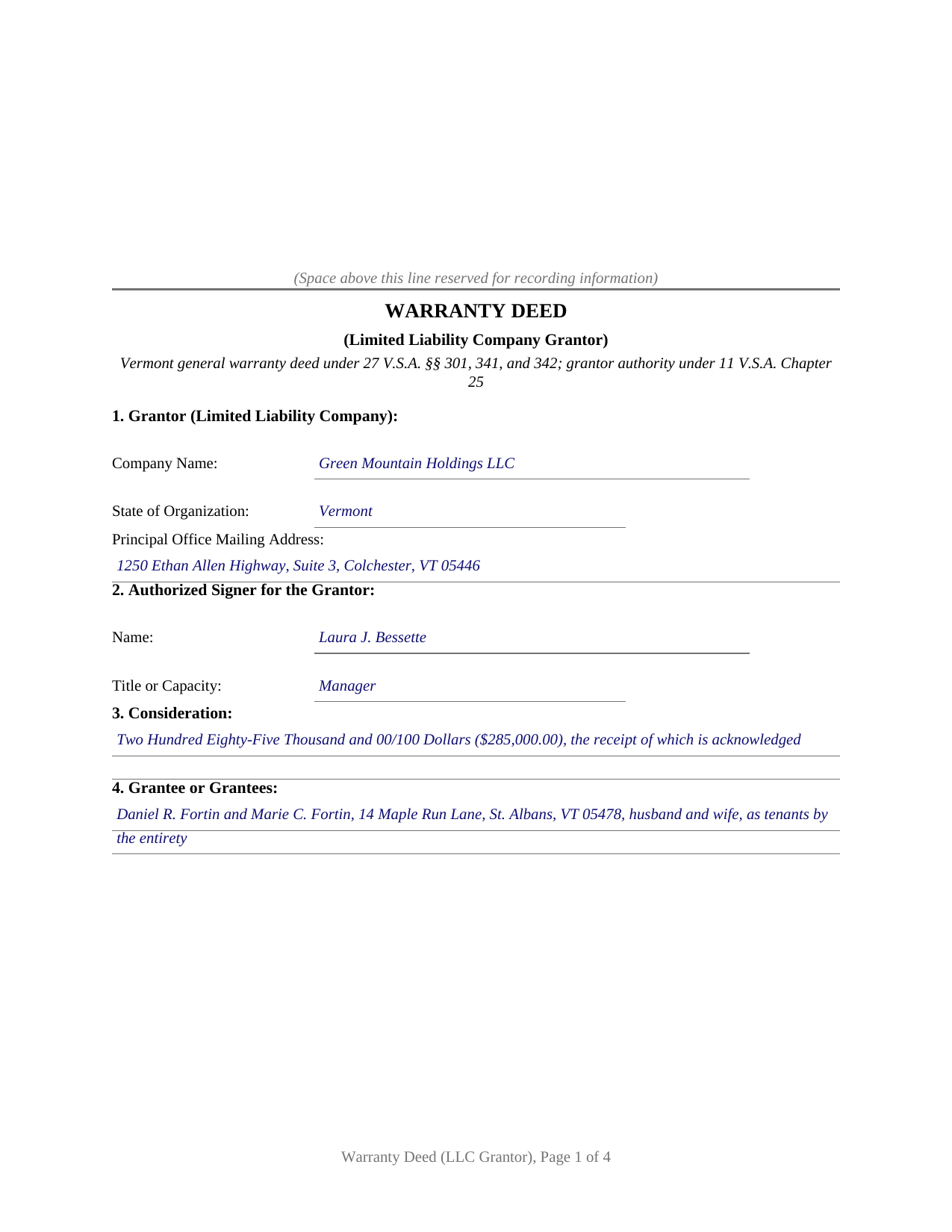 Chittenden County Completed Example of the Warranty Deed (LLC Grantor) Document