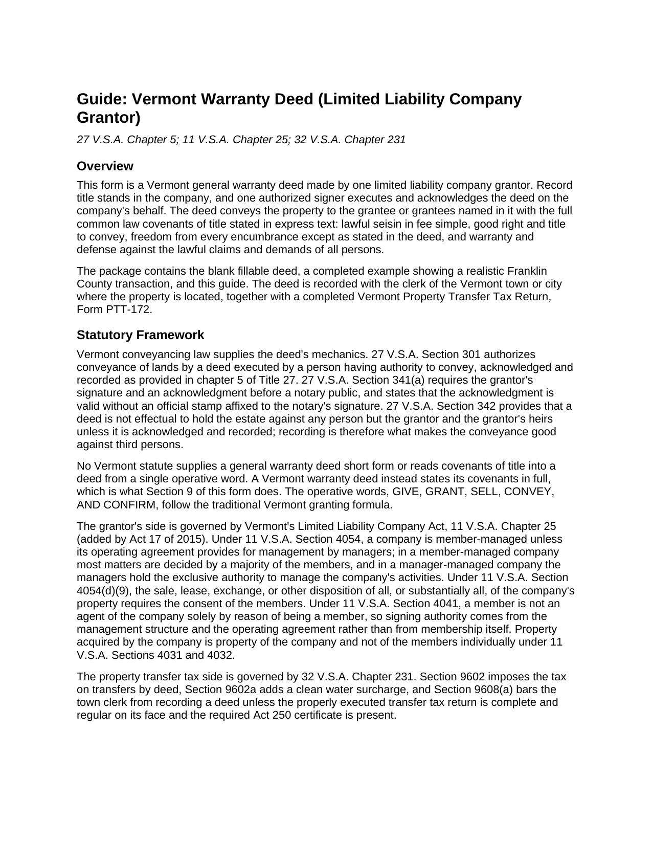 Chittenden County Warranty Deed (LLC Grantor) Guide