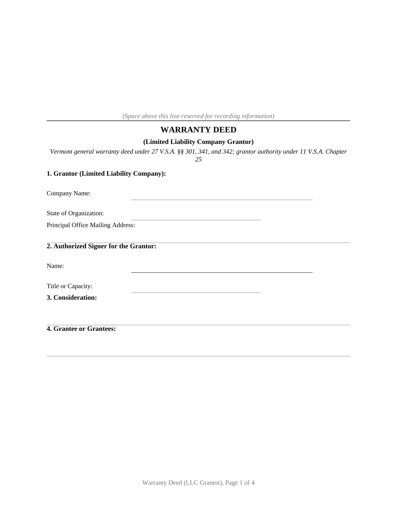 Chittenden County Warranty Deed (LLC Grantor) Form