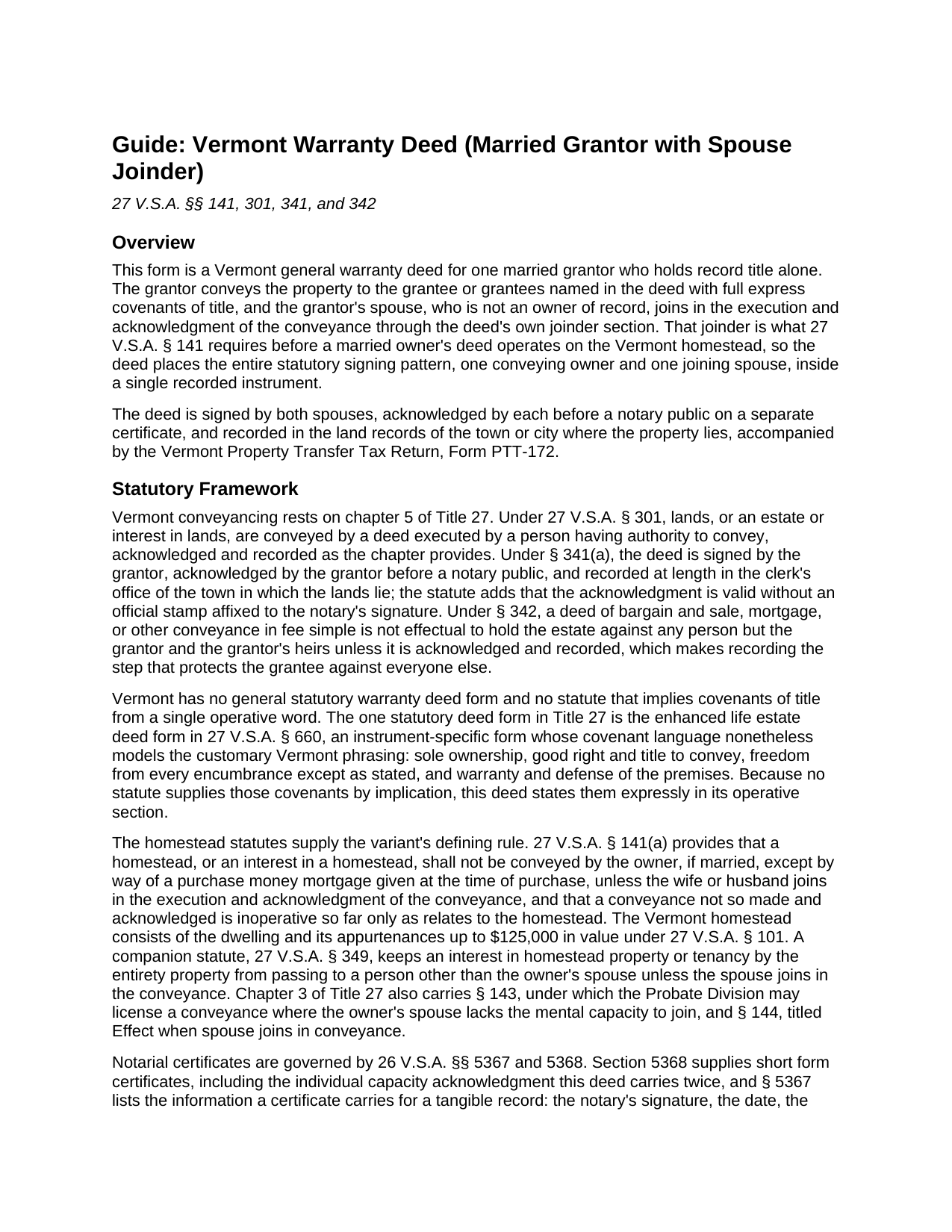 Caledonia County Warranty Deed (Married Grantor with Spouse Joinder) Guide