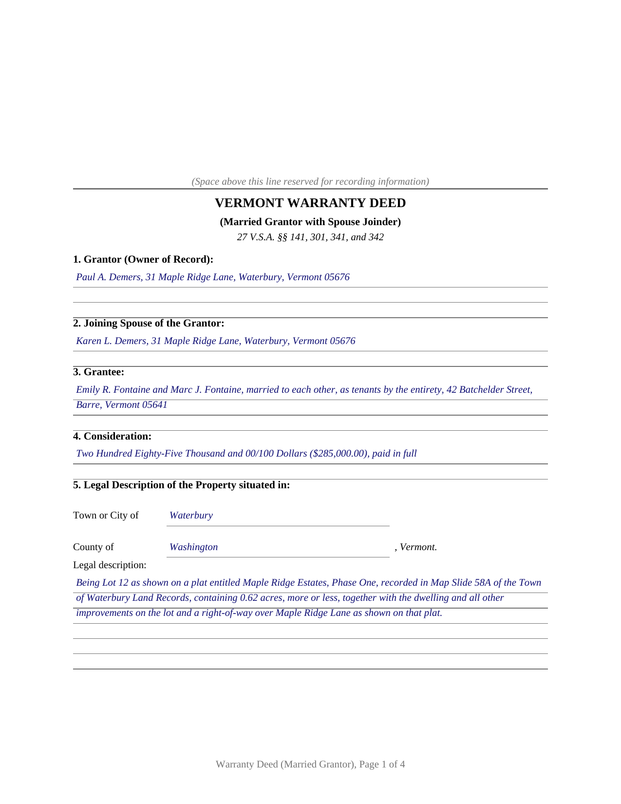 Caledonia County Completed Example of the Warranty Deed (Married Grantor with Spouse Joinder) Document