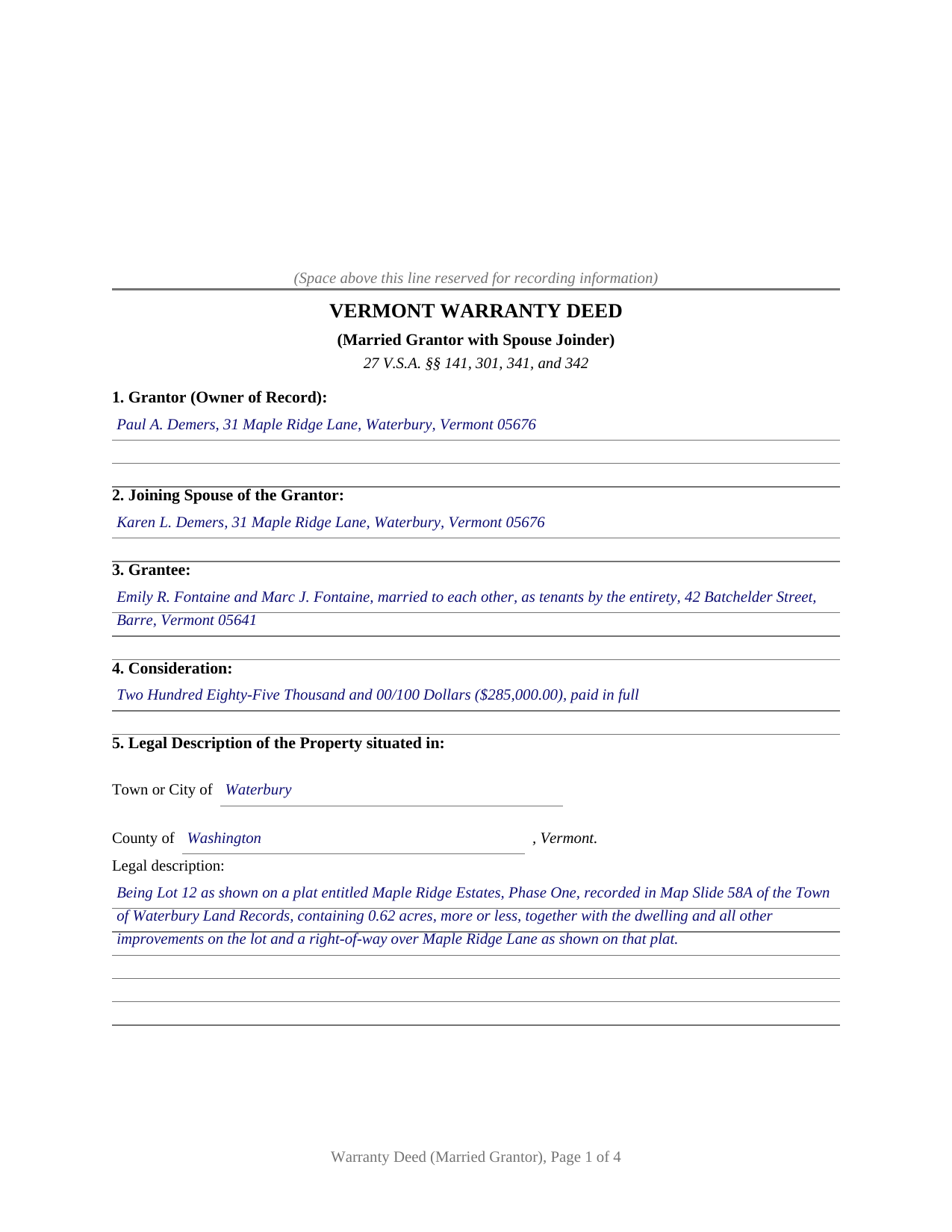 Caledonia County Completed Example of the Warranty Deed (Married Grantor with Spouse Joinder) Document