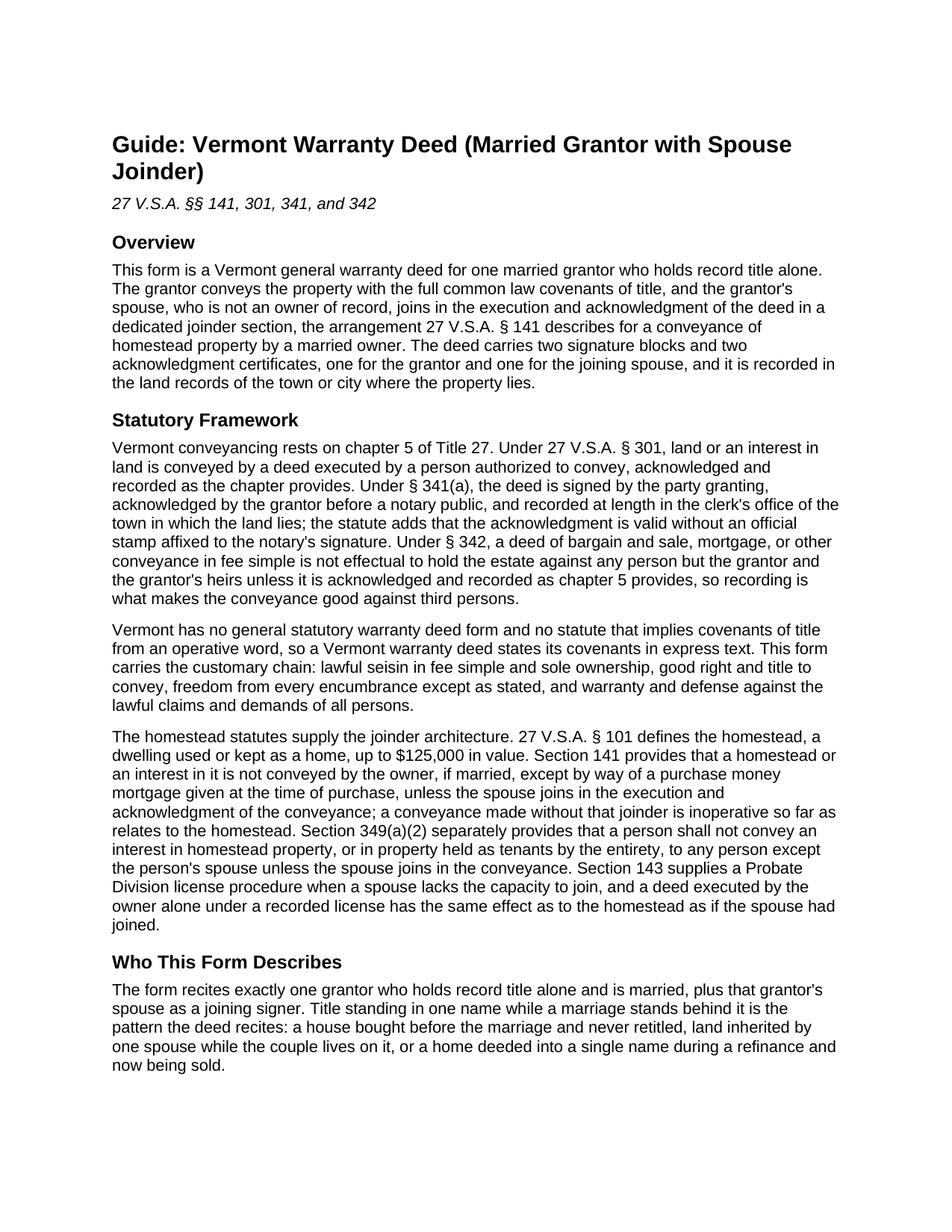 Caledonia County Warranty Deed (Married Grantor with Spouse Joinder) Guide
