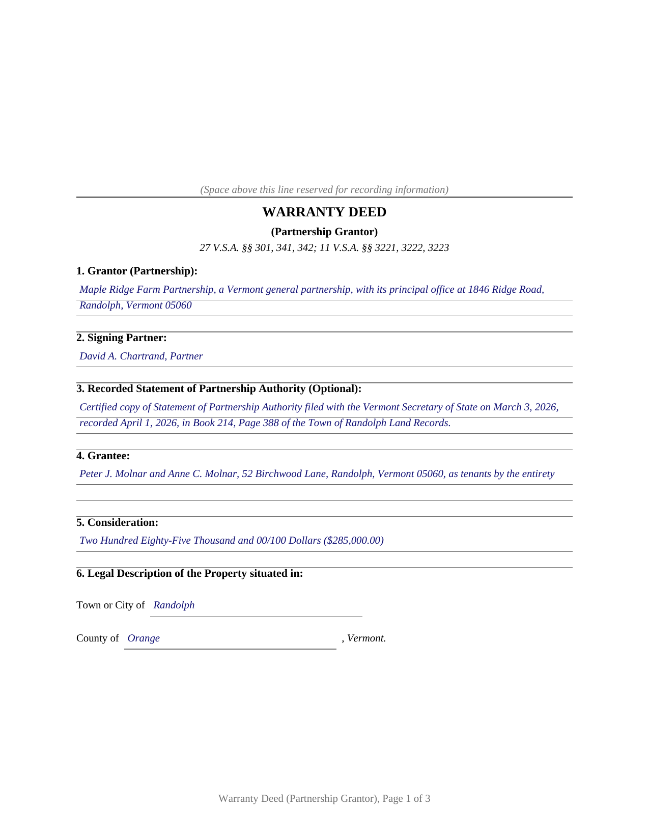 Caledonia County Completed Example of the Warranty Deed (Partnership Grantor) Document