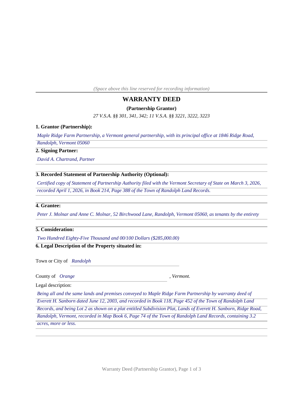 Chittenden County Completed Example of the Warranty Deed (Partnership Grantor) Document