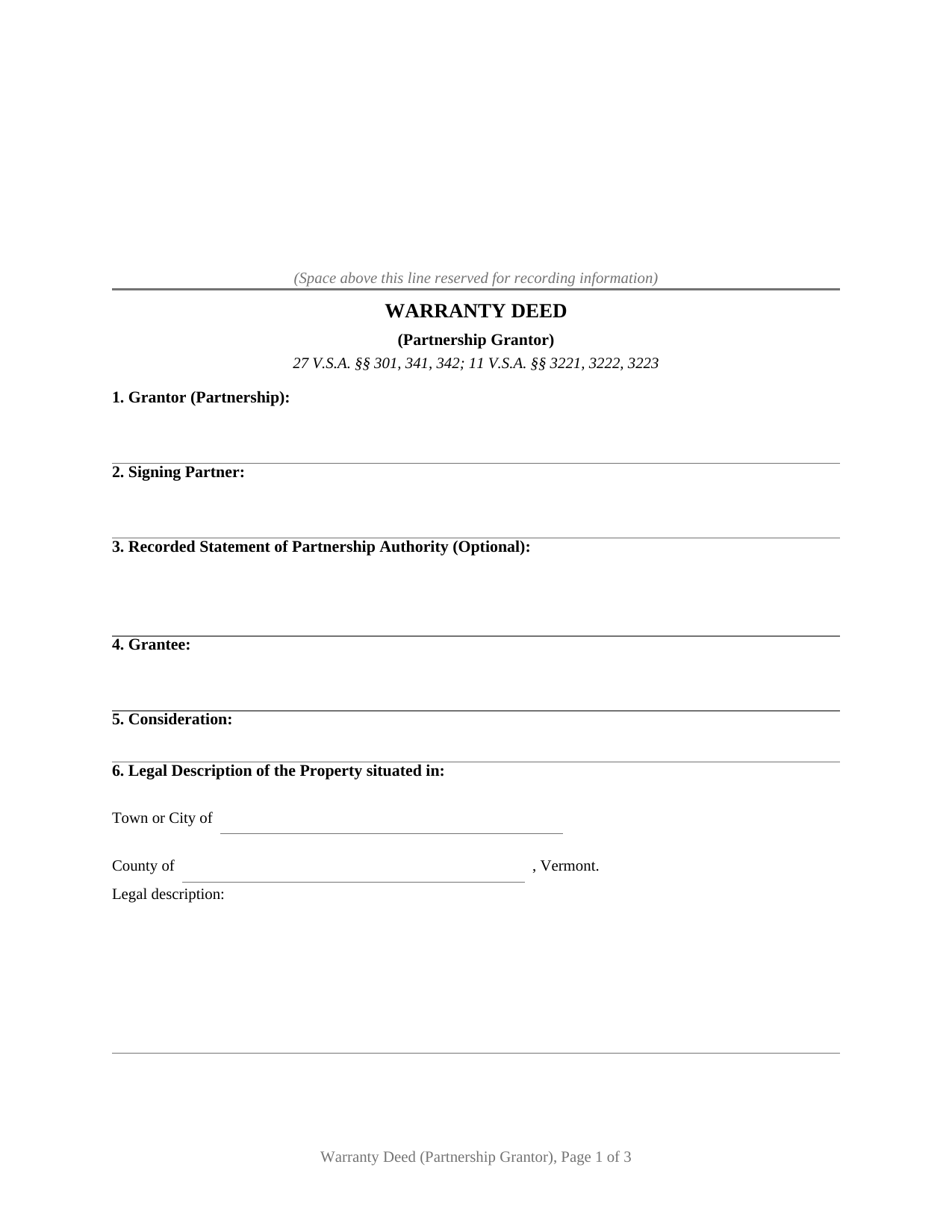 Chittenden County Warranty Deed (Partnership Grantor) Form