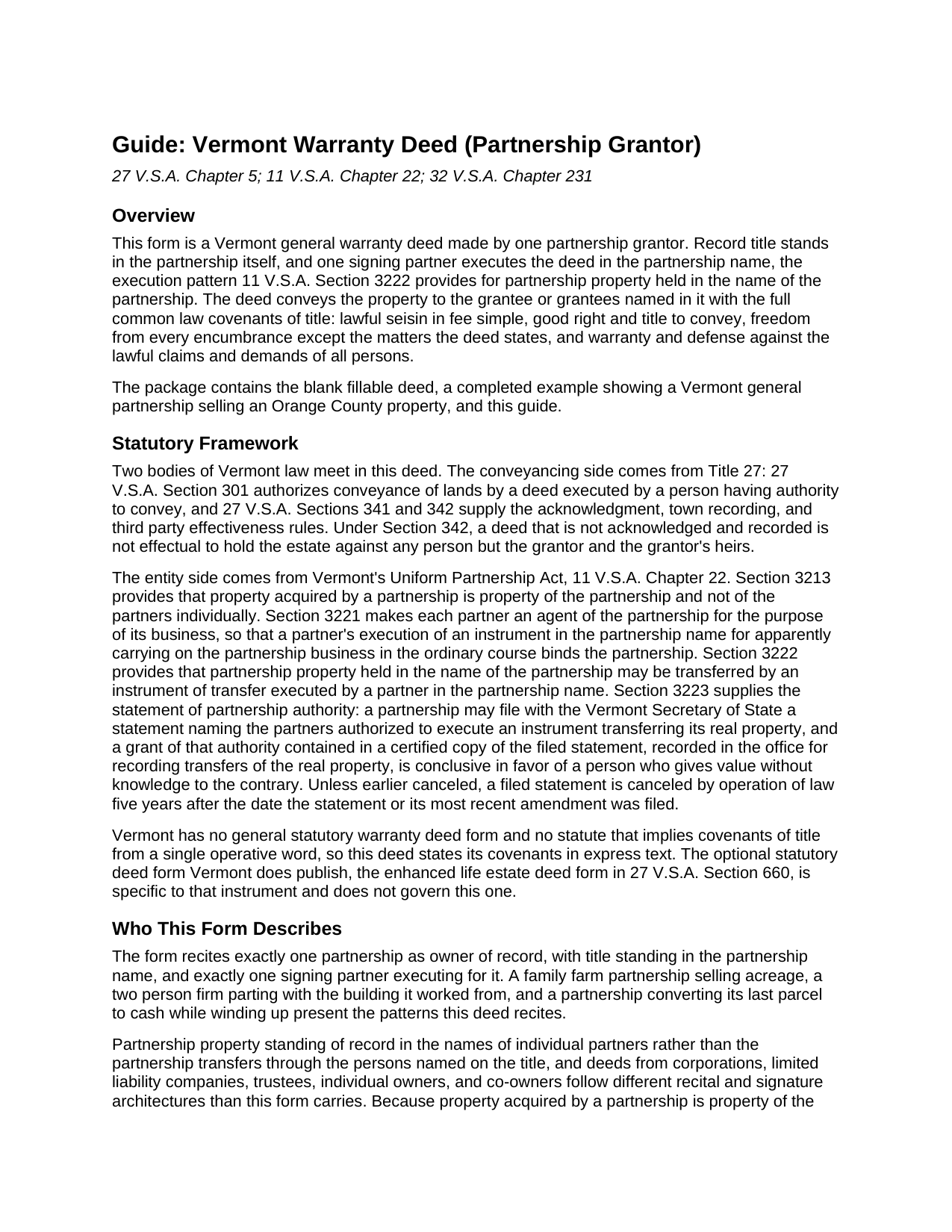 Chittenden County Warranty Deed (Partnership Grantor) Guide