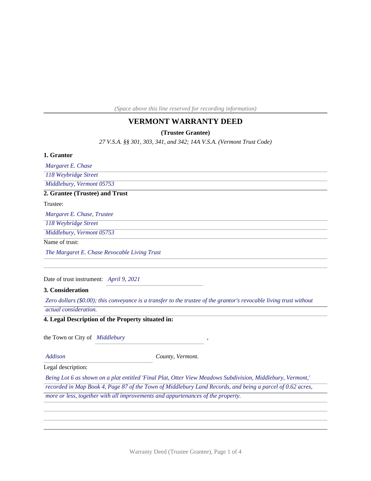 Caledonia County Completed Example of the Warranty Deed (Trustee Grantee) Document