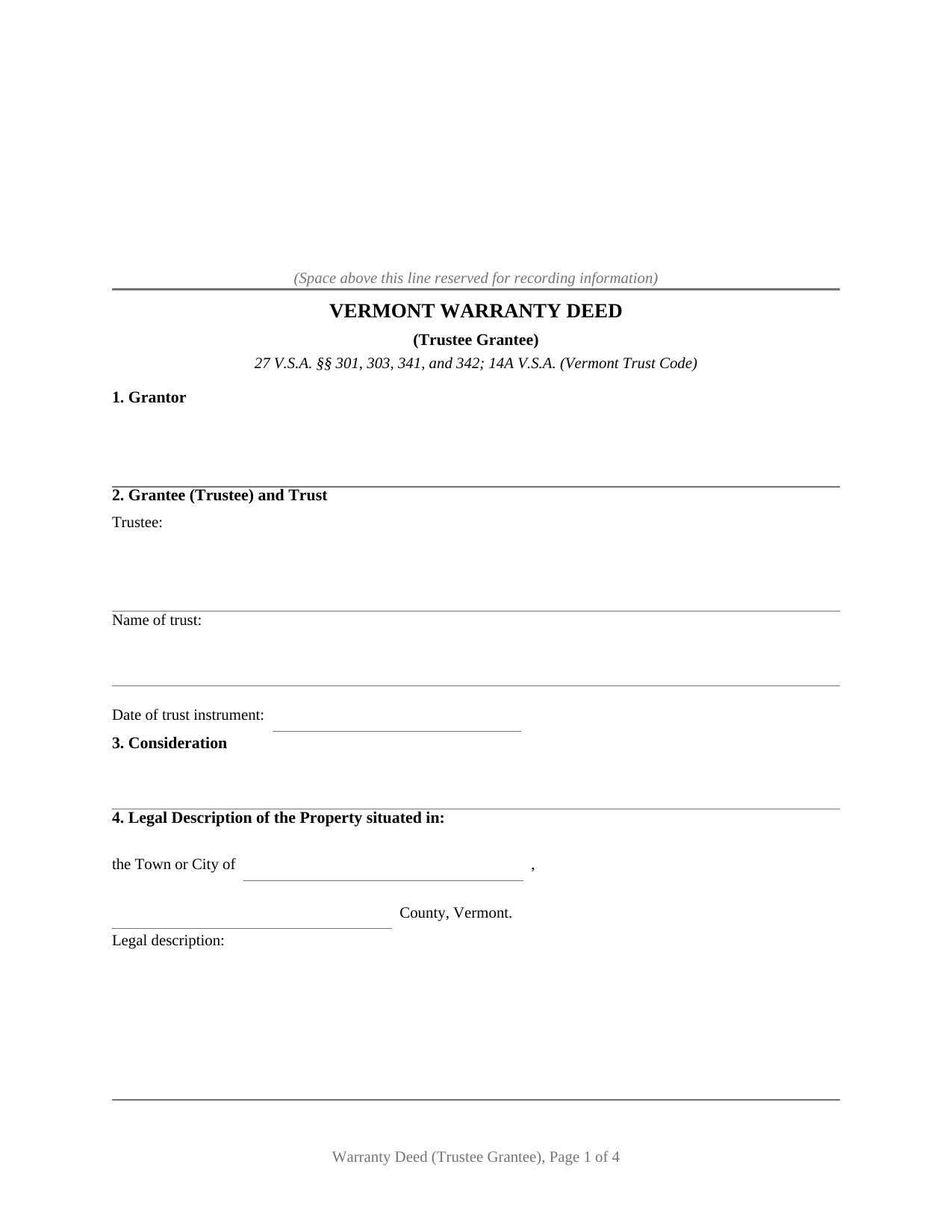 Caledonia County Warranty Deed (Trustee Grantee) Form