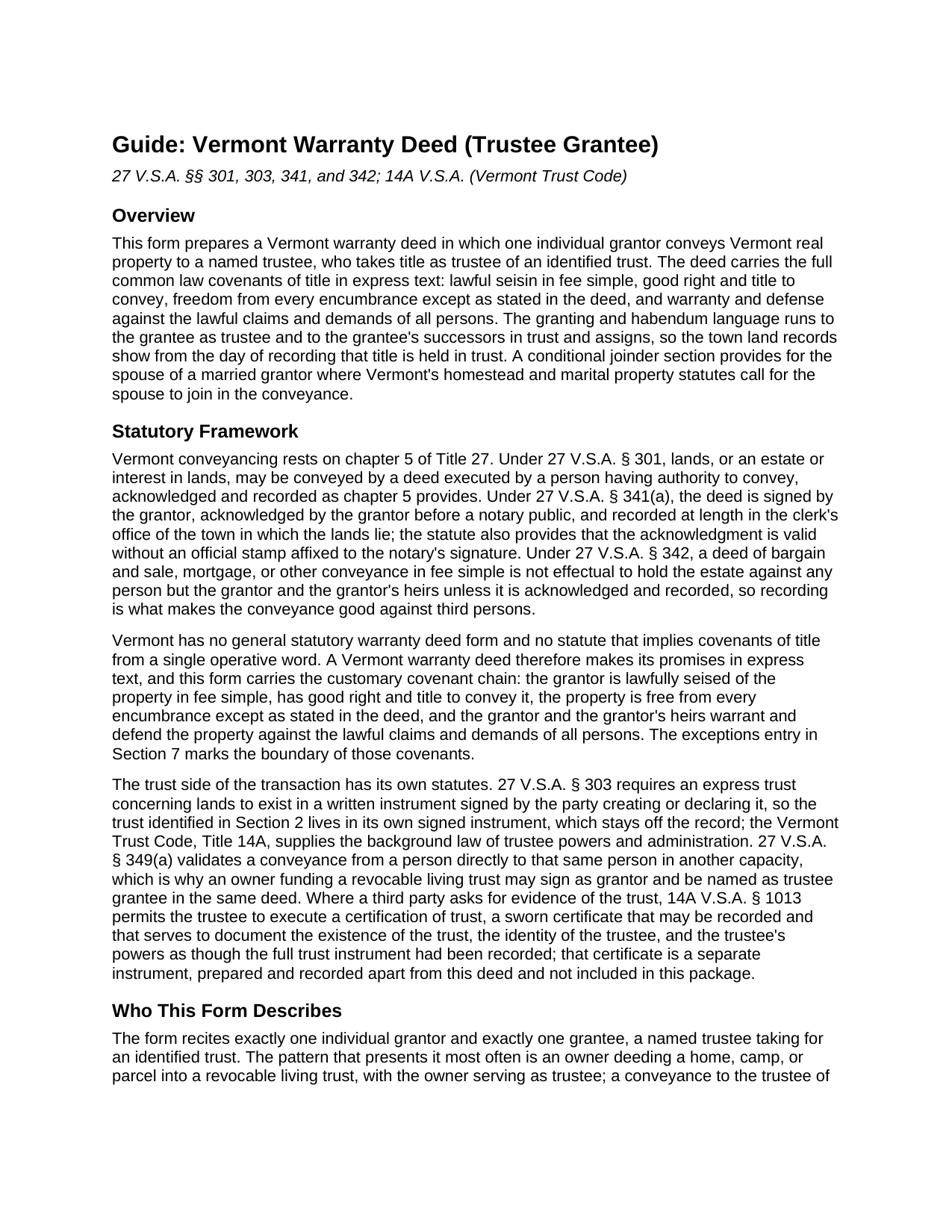 Caledonia County Warranty Deed (Trustee Grantee) Guide