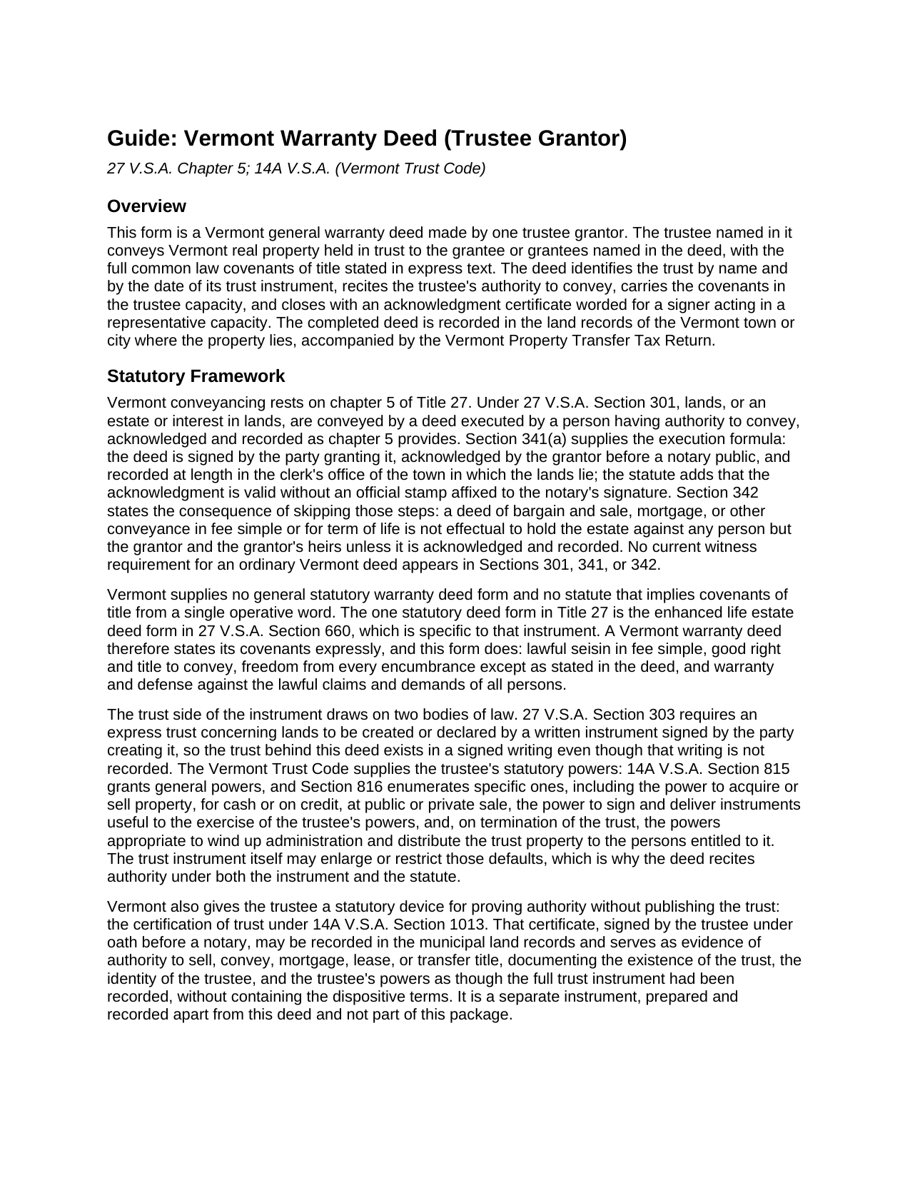 Caledonia County Warranty Deed (Trustee Grantor) Guide