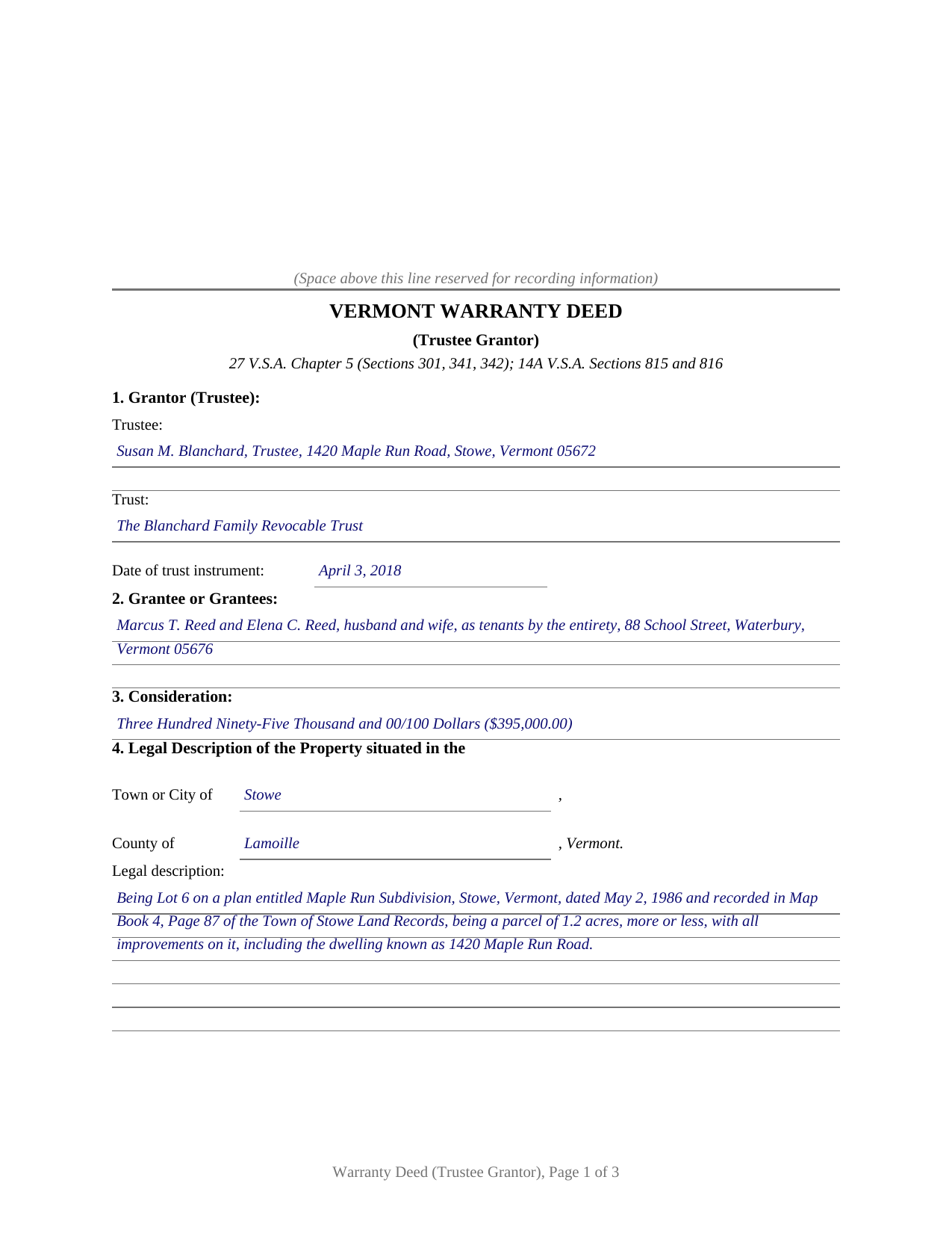 Caledonia County Completed Example of the Warranty Deed (Trustee Grantor) Document