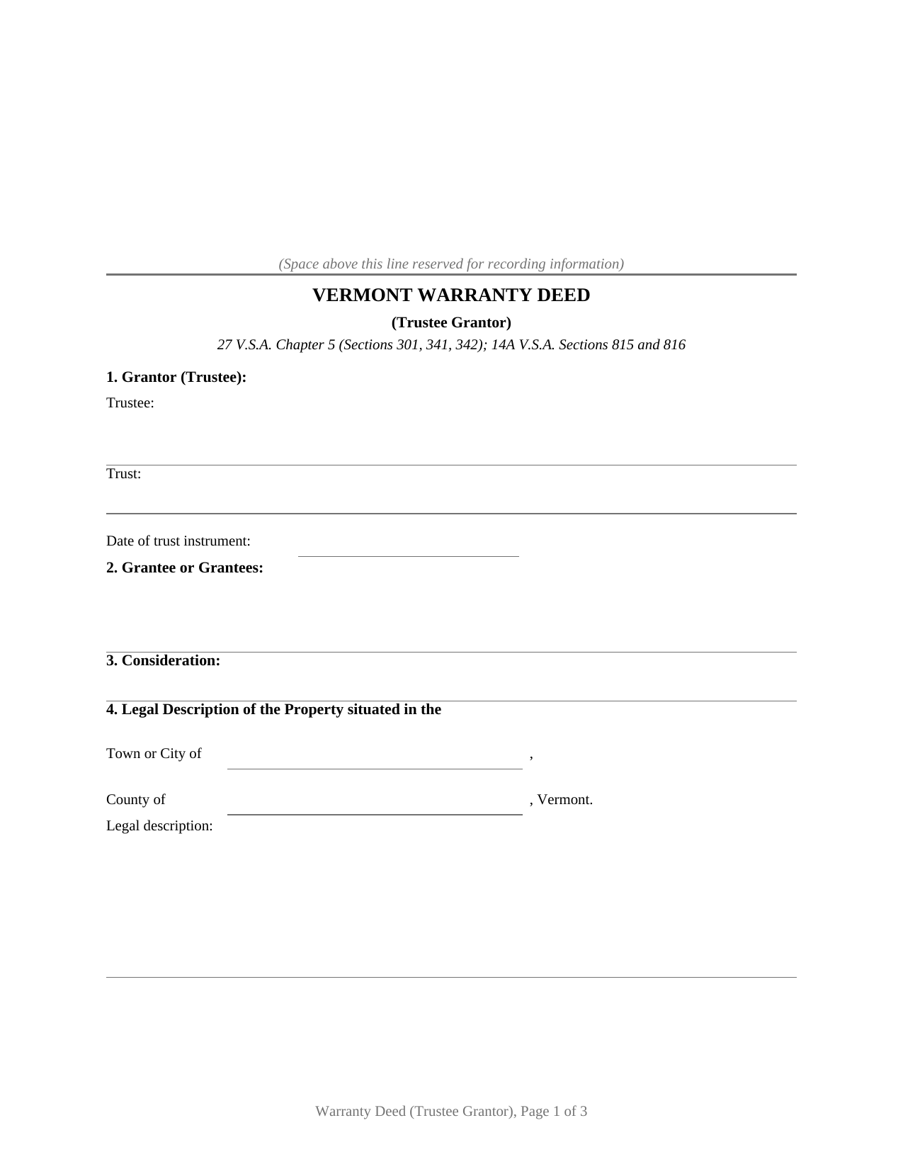 Caledonia County Warranty Deed (Trustee Grantor) Form