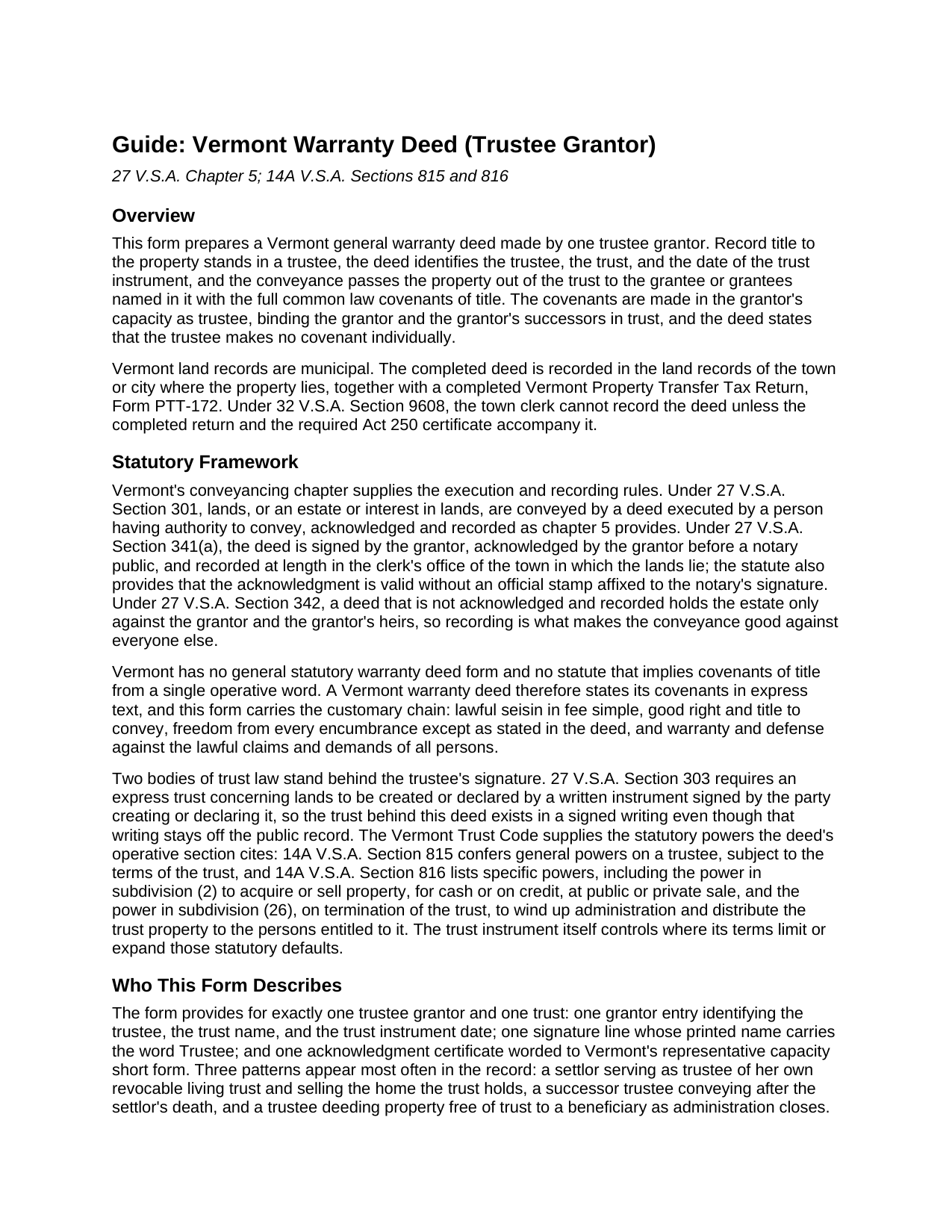 Caledonia County Warranty Deed (Trustee Grantor) Guide
