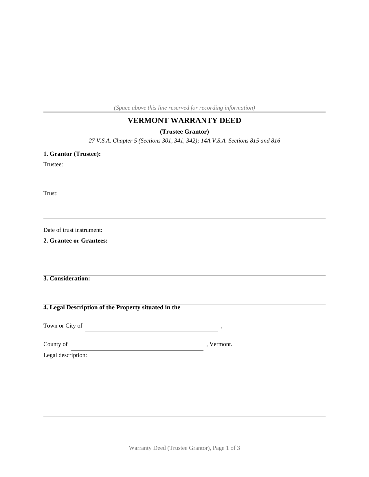 Caledonia County Warranty Deed (Trustee Grantor) Form