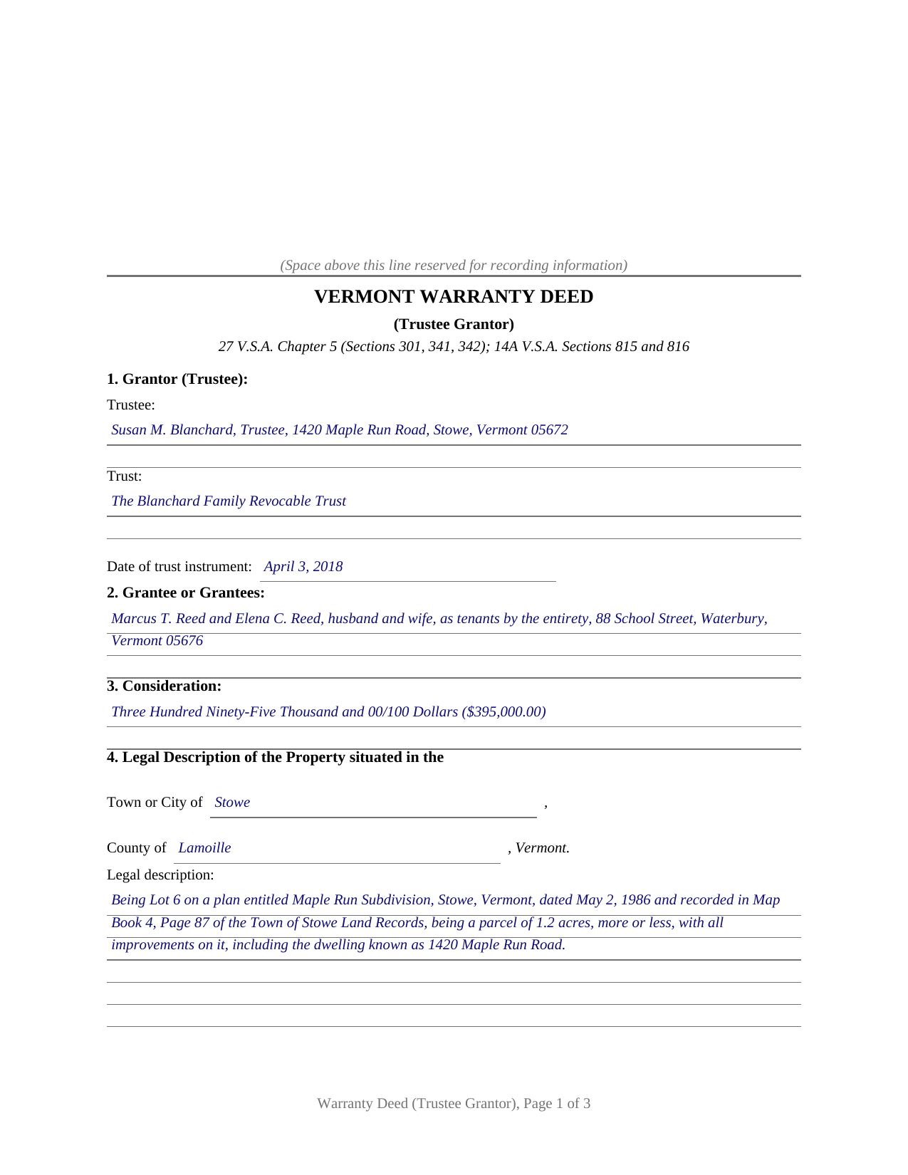 Caledonia County Completed Example of the Warranty Deed (Trustee Grantor) Document