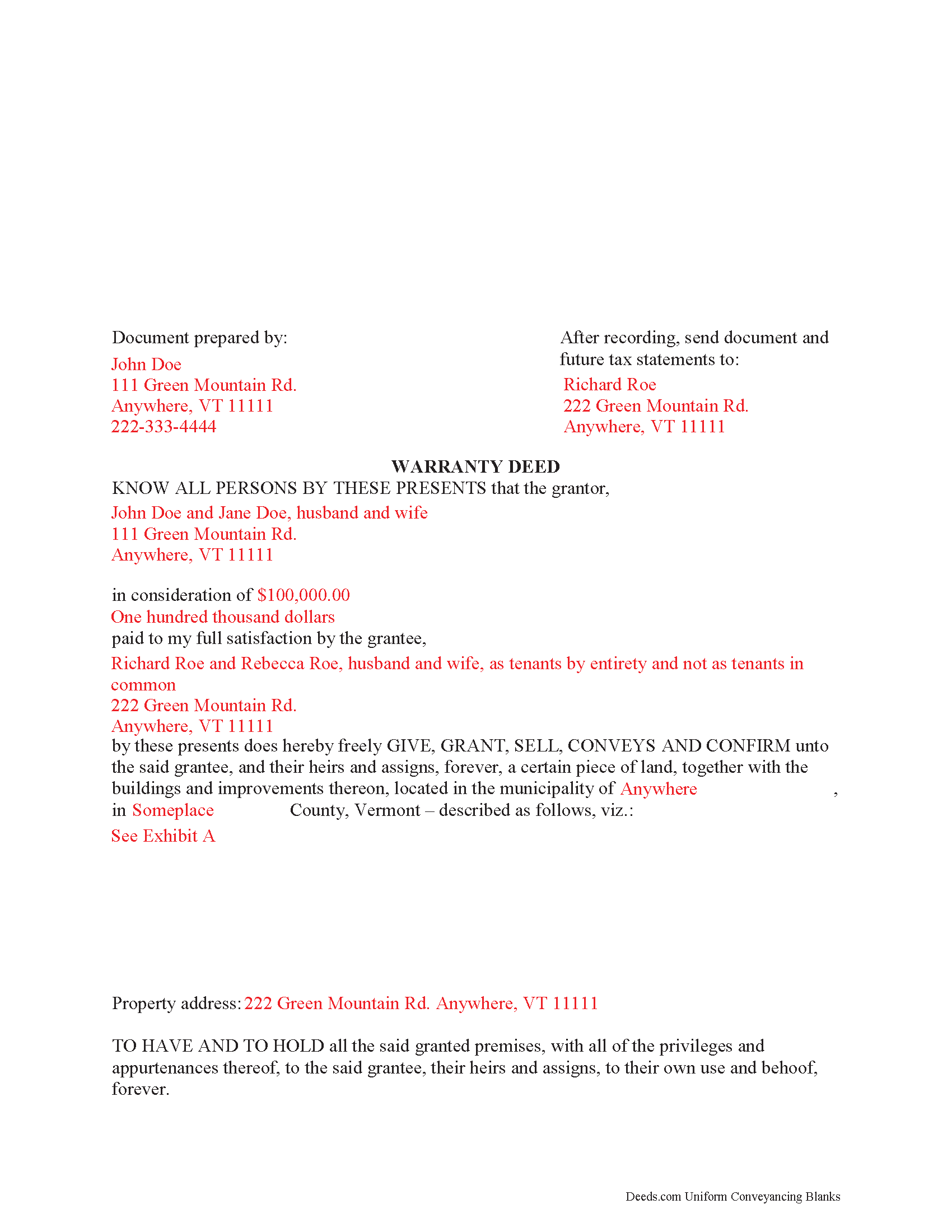 Completed Example of the Warranty Deed Document
