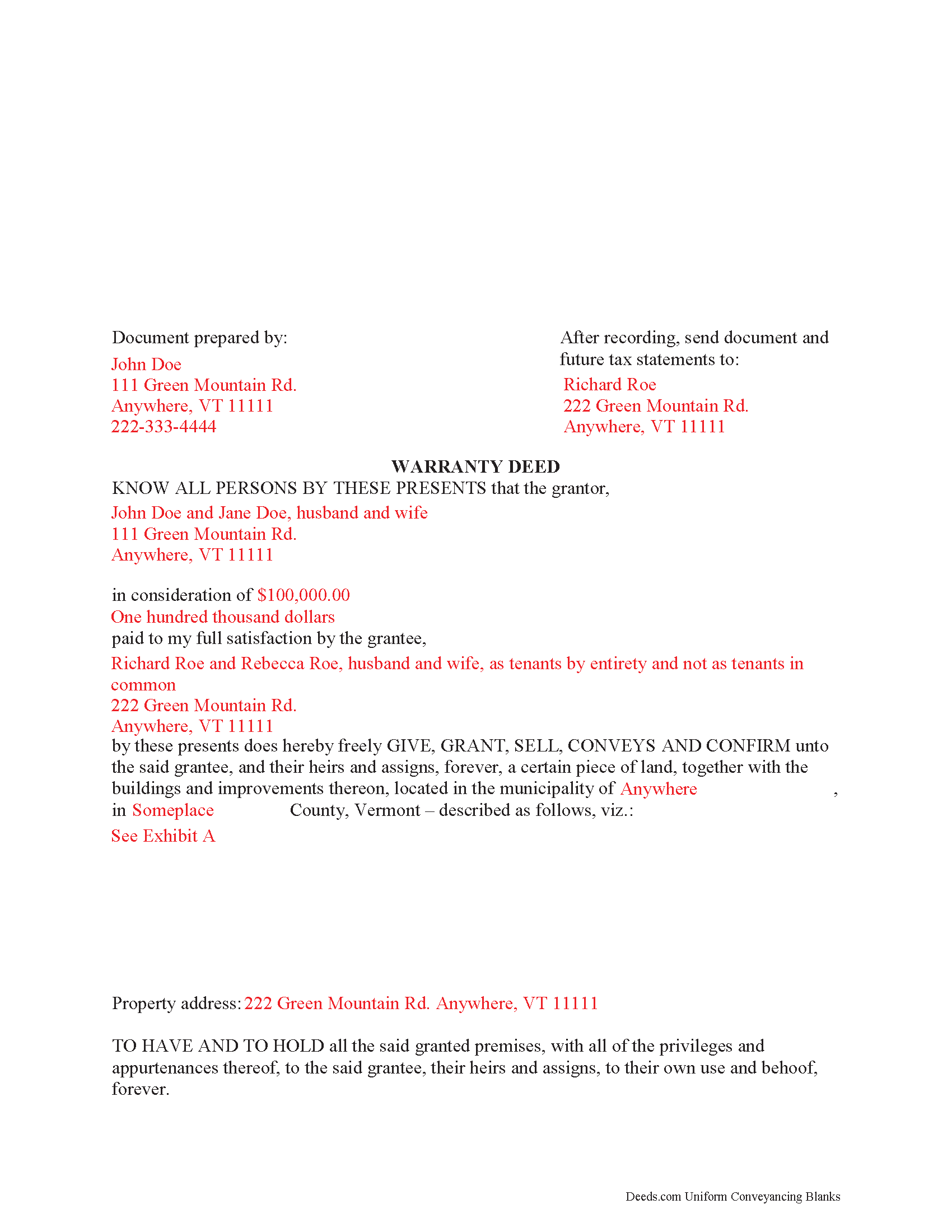 Washington County Completed Example of the Warranty Deed Document