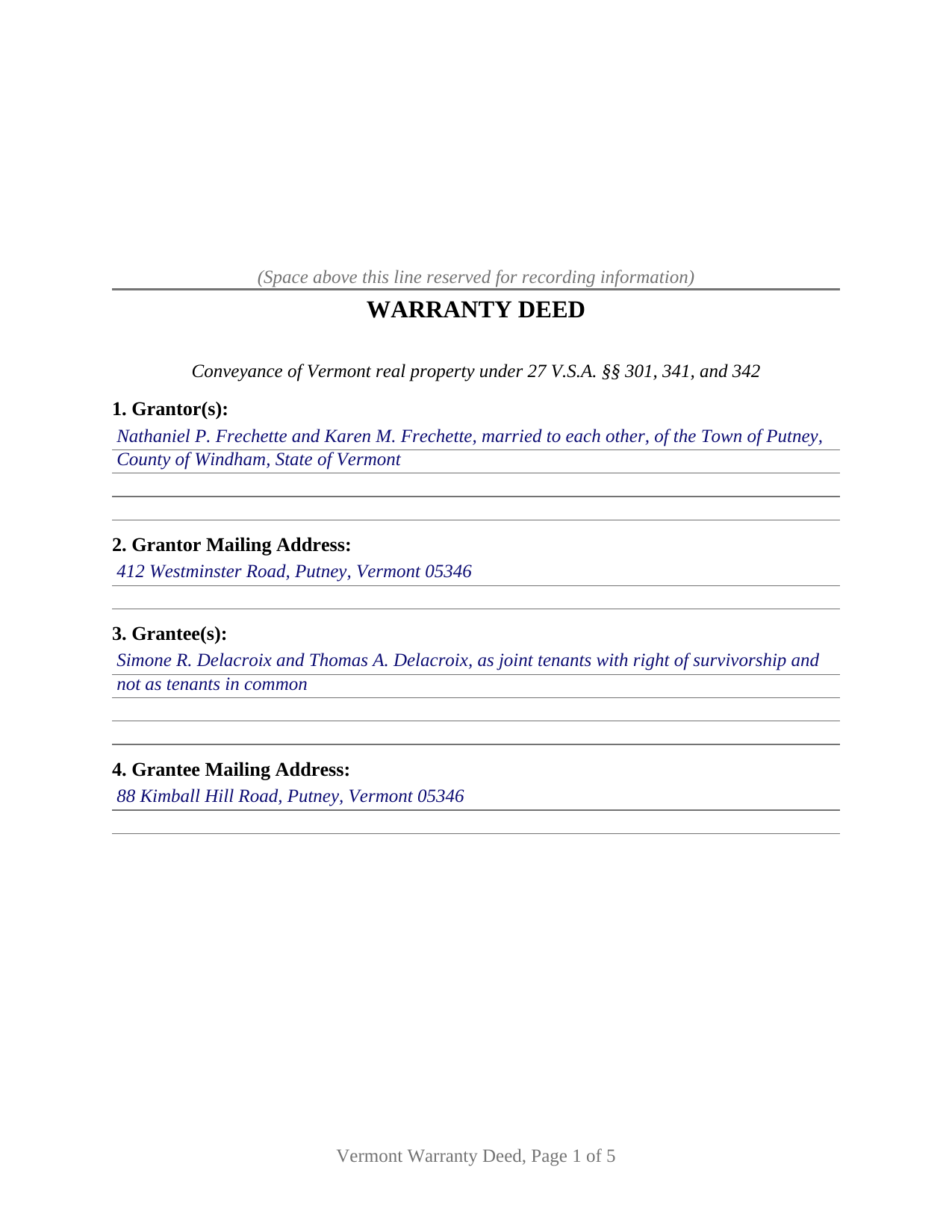 Bennington County Completed Example of the Warranty Deed Document