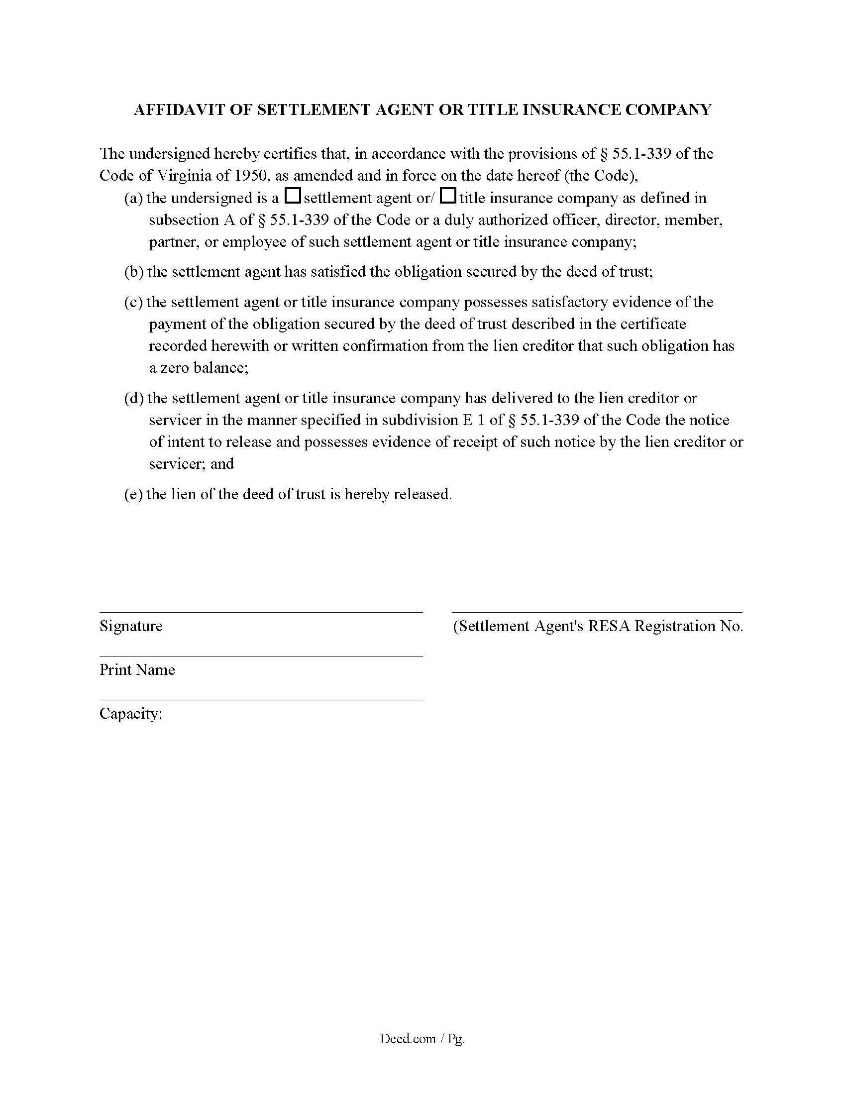 Affidavit of Settlement Agent or Title Insurance Company Form