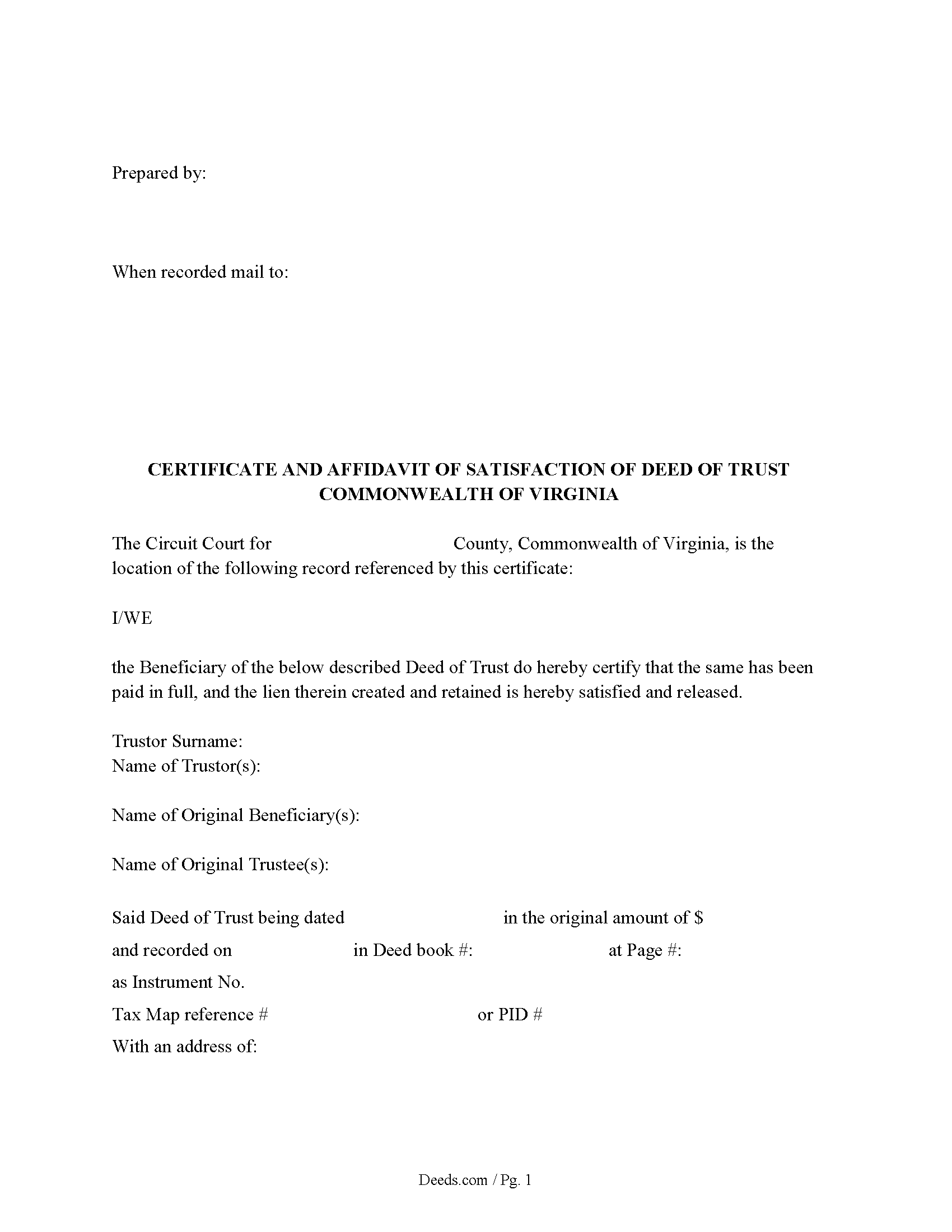 Certificate and Affidavit of Satisfaction of Deed of Trust Form