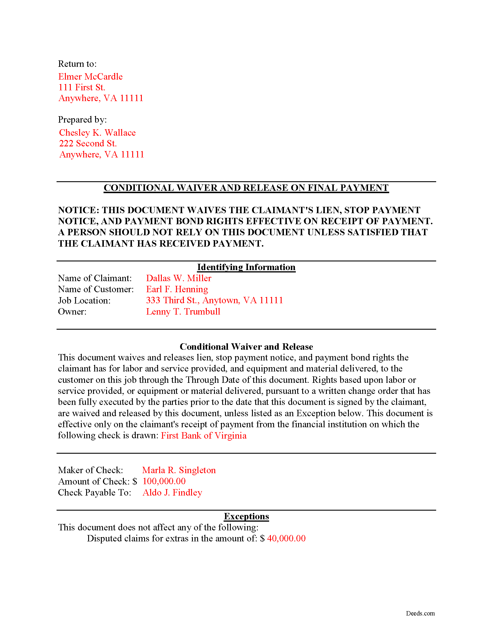 Completed Example of the Conditional Lien Waiver on Final Payment Document